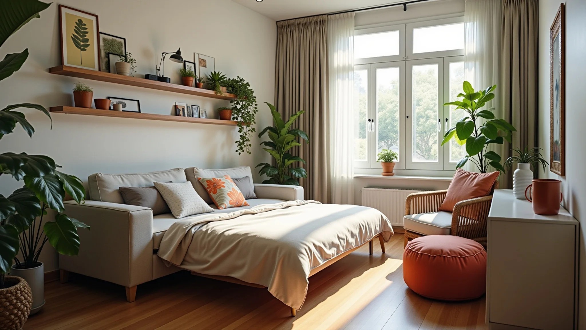 Sofá multifuncional se transformando em cama em apartamento pequeno e vibrante no Brasil.