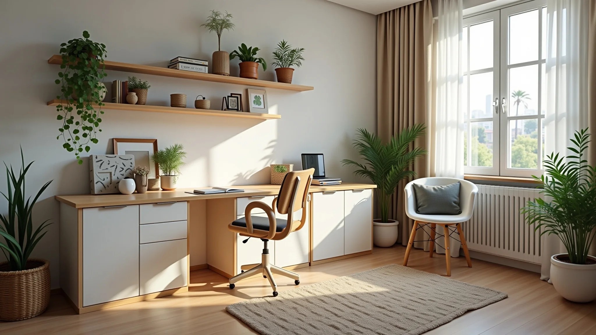 Móveis multifuncionais em home office na sala, mesa dobrável, prateleiras, estilo brasileiro.