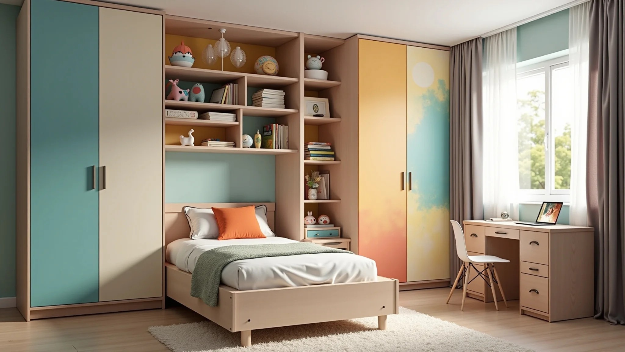 Quarto infantil multifuncional com soluções inteligentes de armazenamento.