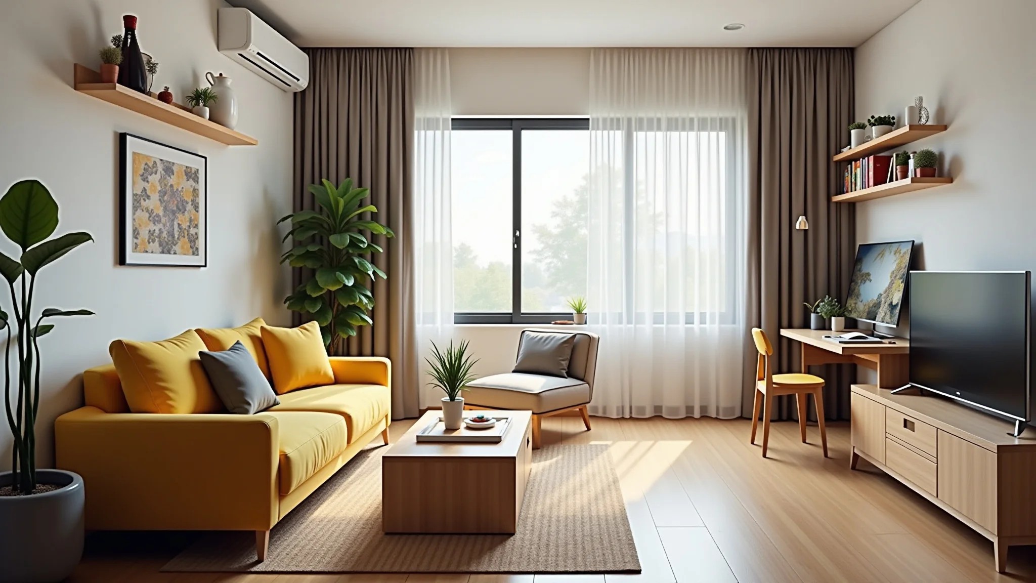 Sala pequena multifuncional com home office integrado e decoração minimalista.