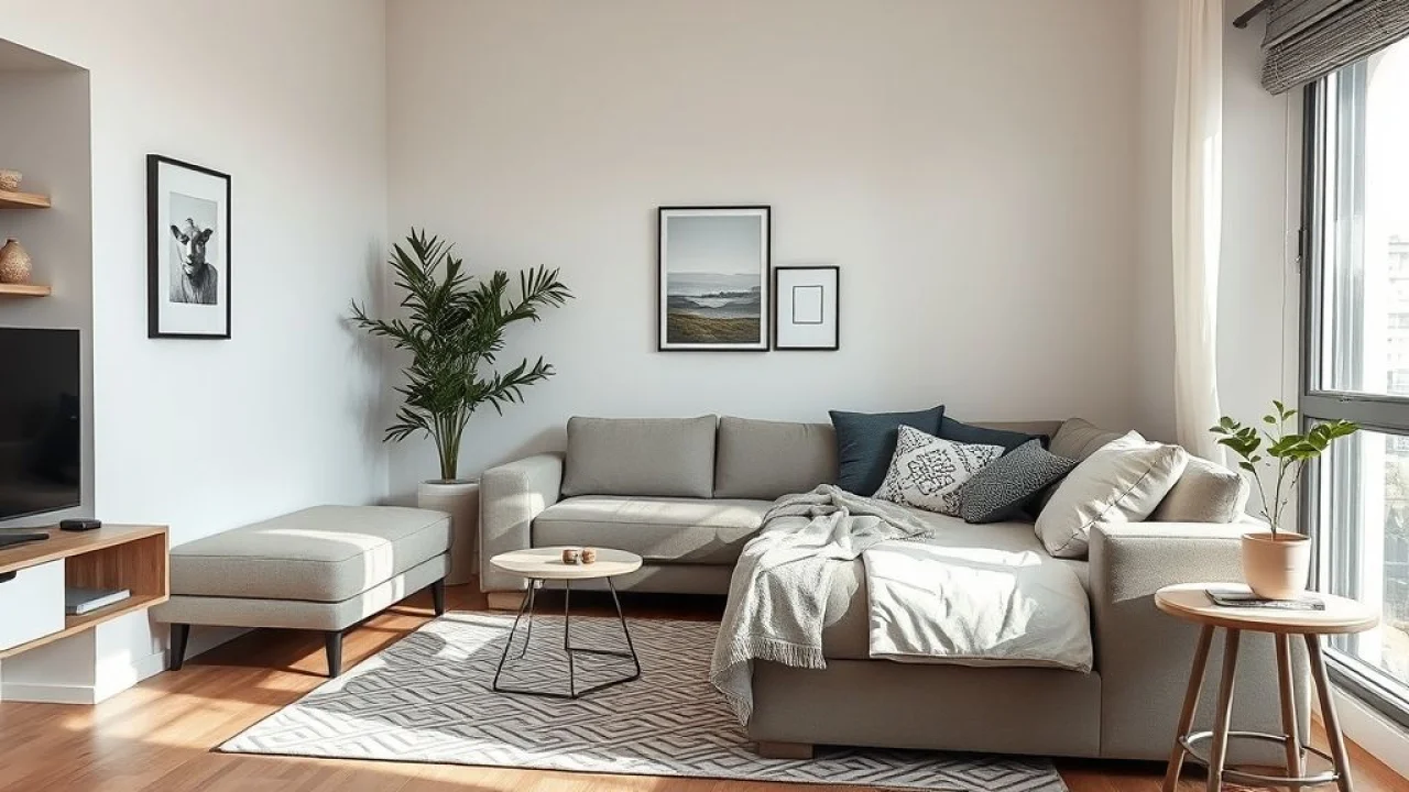 Sofá-cama multifuncional otimizando espaço em apartamento minimalista no Brasil.