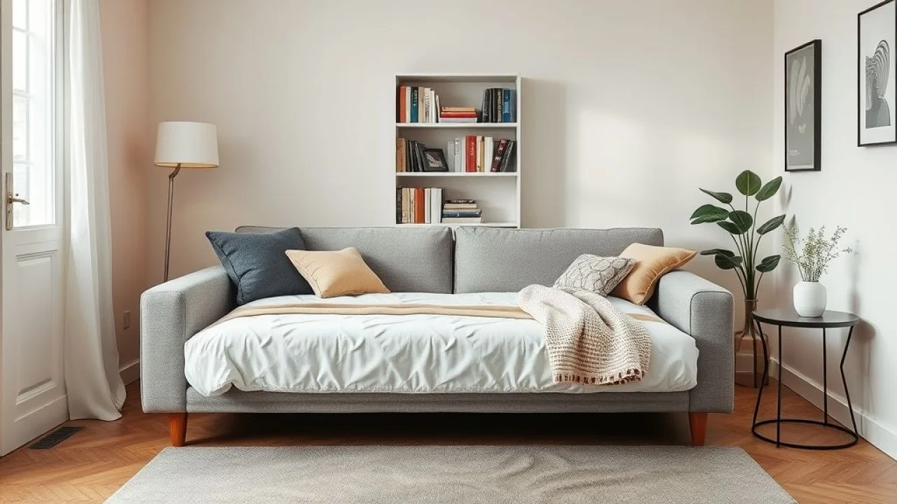 Sofá-cama multifuncional otimizando espaço em sala pequena