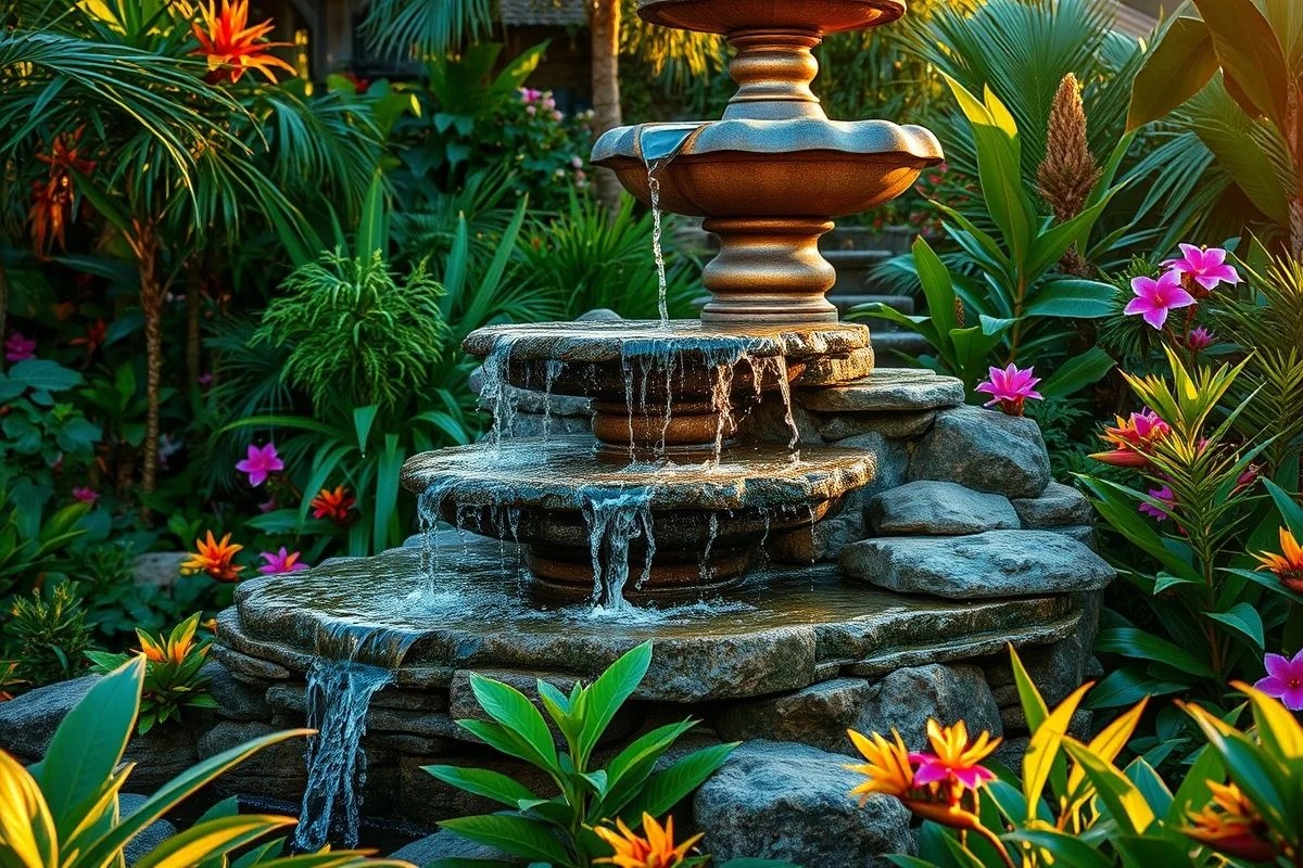 Fonte de níveis em cascata em jardim brasileiro exuberante, luz dourada.