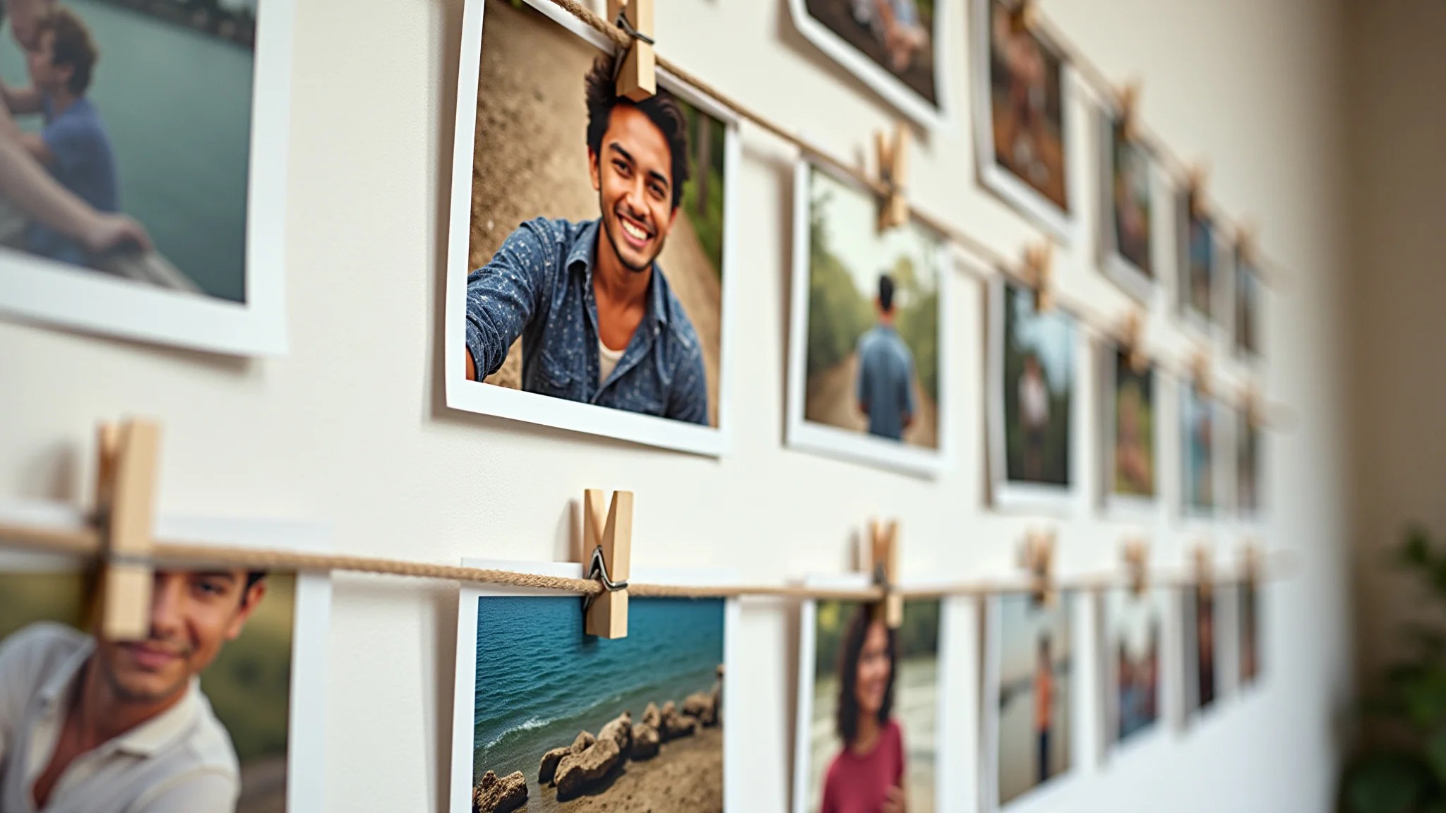 Mural de fotos decorativo com barbante e pregadores, decoração criativa.