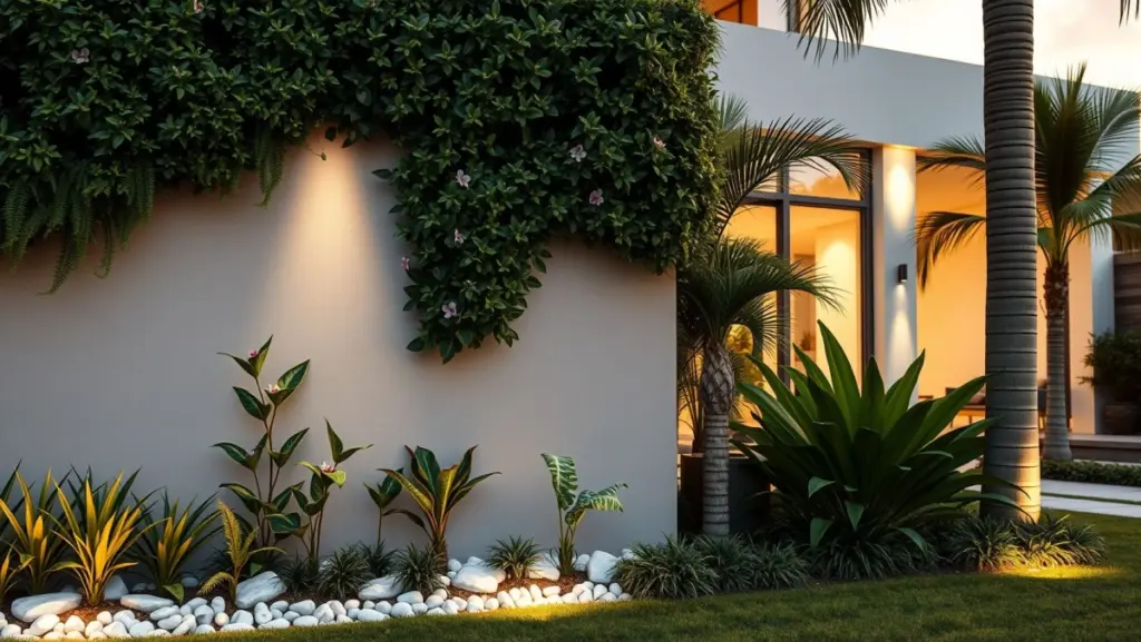 Muro de Casa Moderna: Integração com Paisagismo Tropical e Iluminação Aconchegante