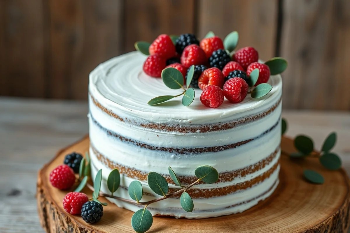 Bolo naked decorado com frutas vermelhas e folhas de eucalipto sobre fundo de madeira.
