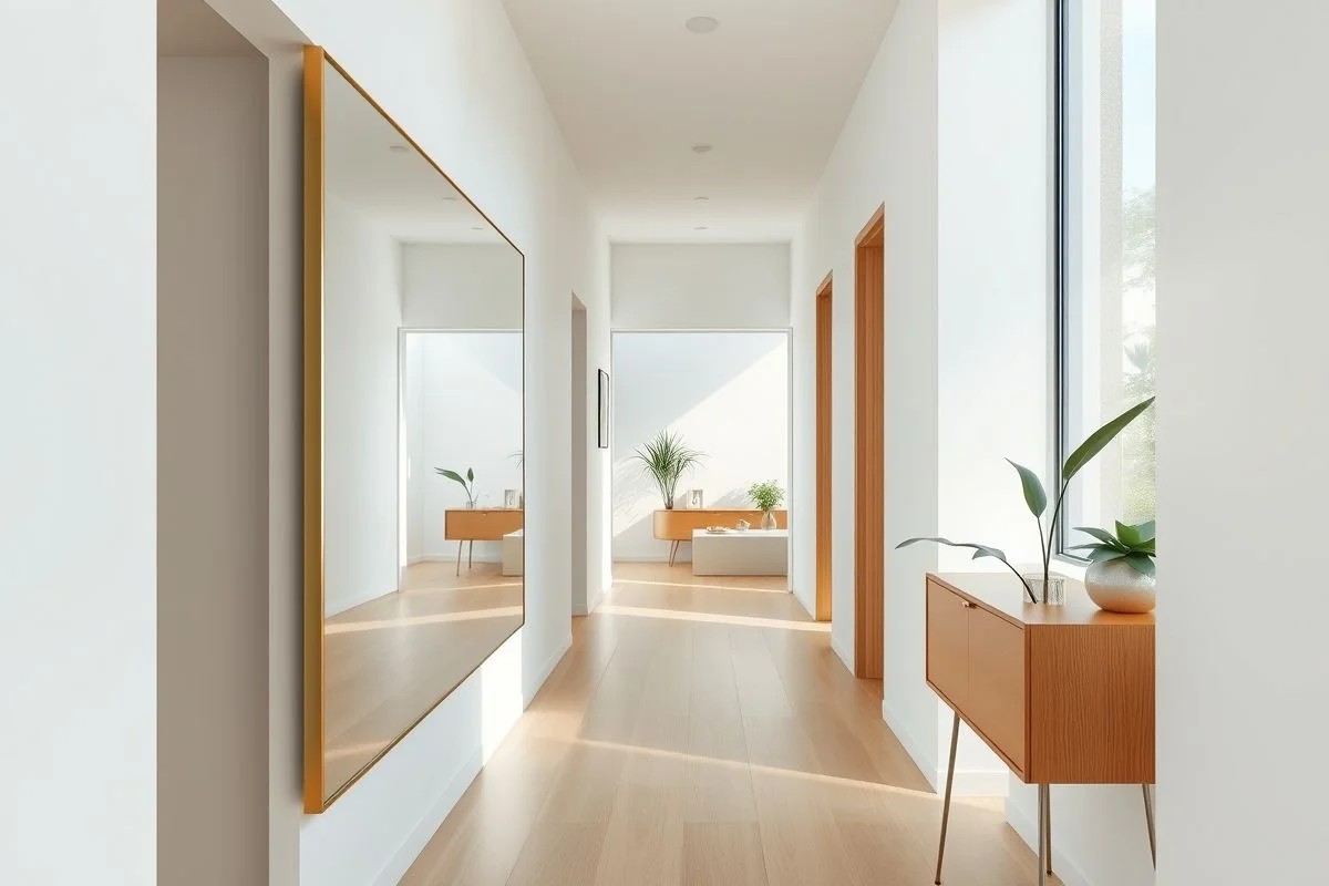 Corredor estreito com espelho amplo que reflete luz e amplia o espaço.