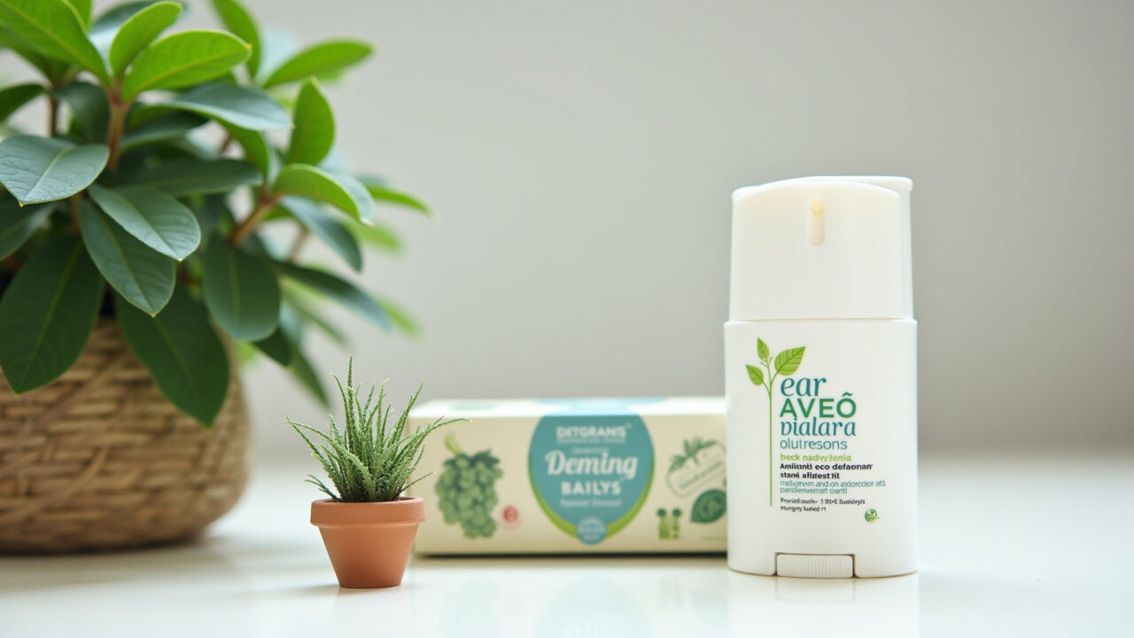 Desodorante natural sustentável ao lado de planta.