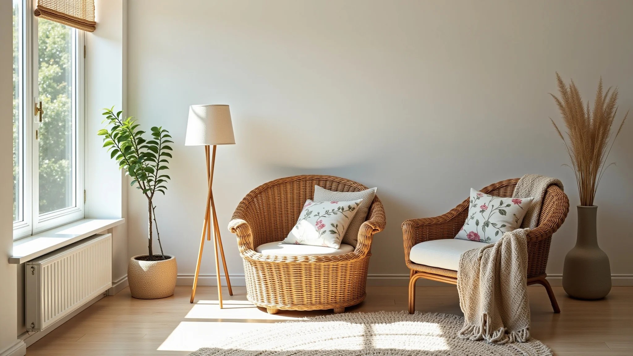 Sala natural com poltrona de vime e almofadas florais.