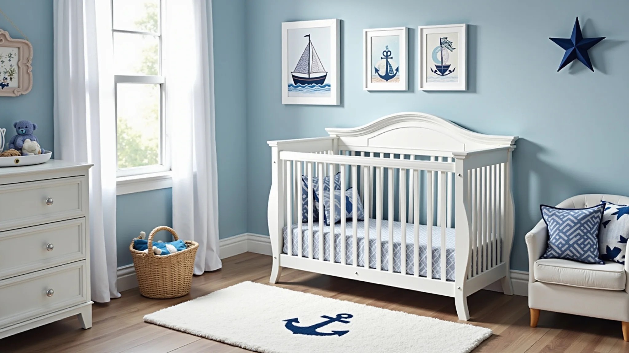 Quarto de bebê náutico, cores azul e branco, decorações de barco e âncora.