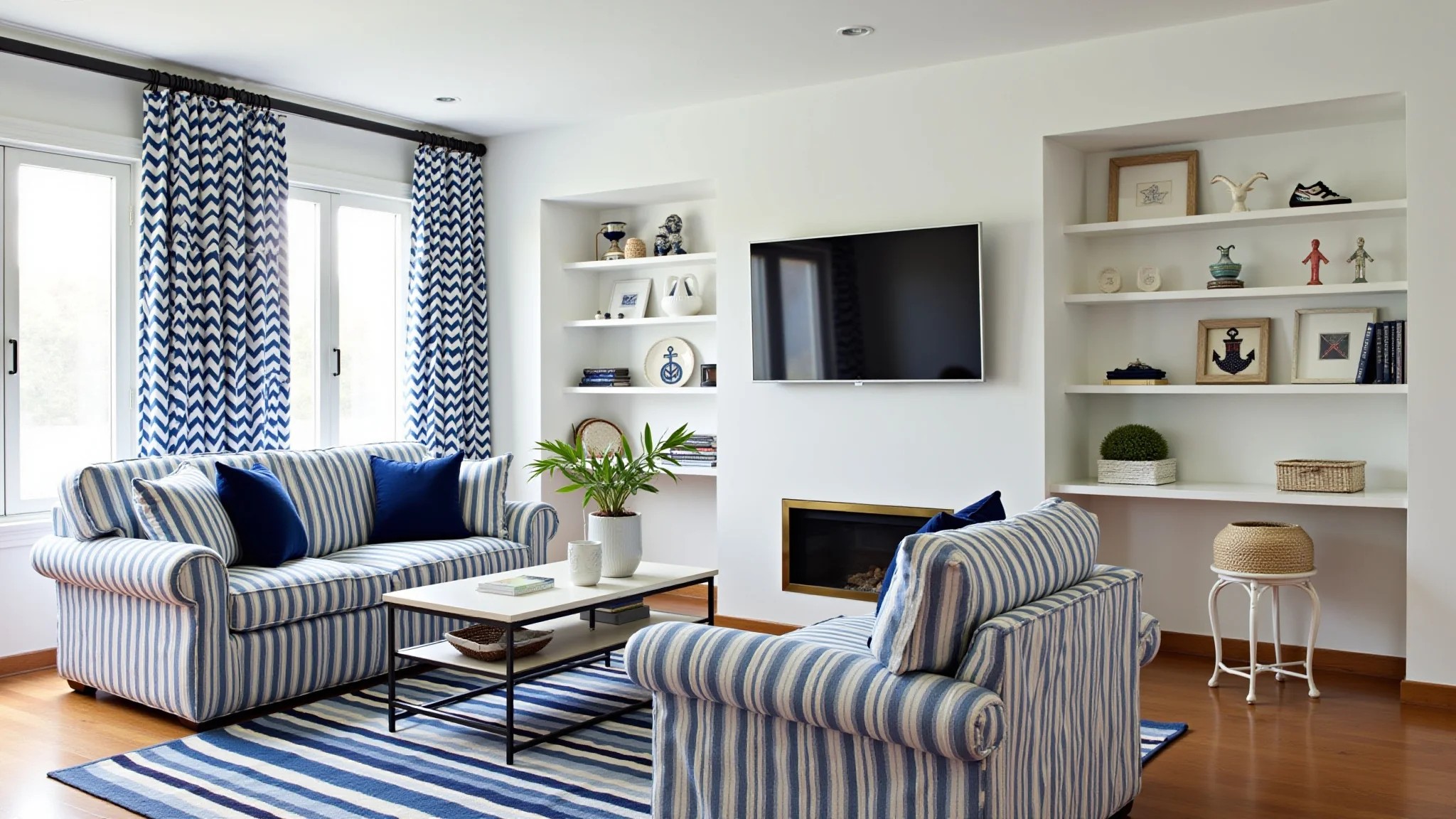 Sala de estar azul e branca com inspiração navy e listras.