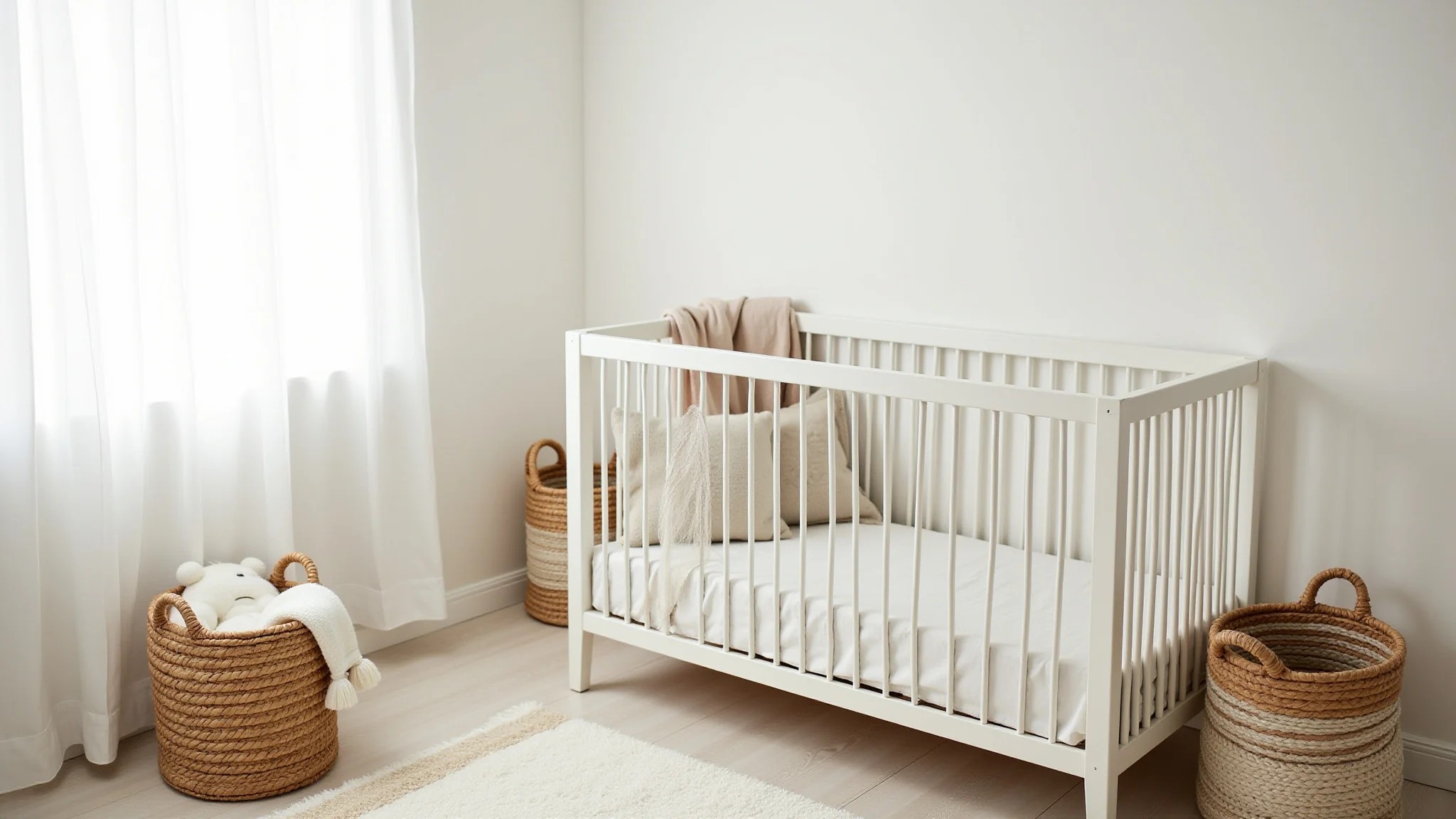 Quarto neutro com berço minimalista e cestos de palha para organização.
