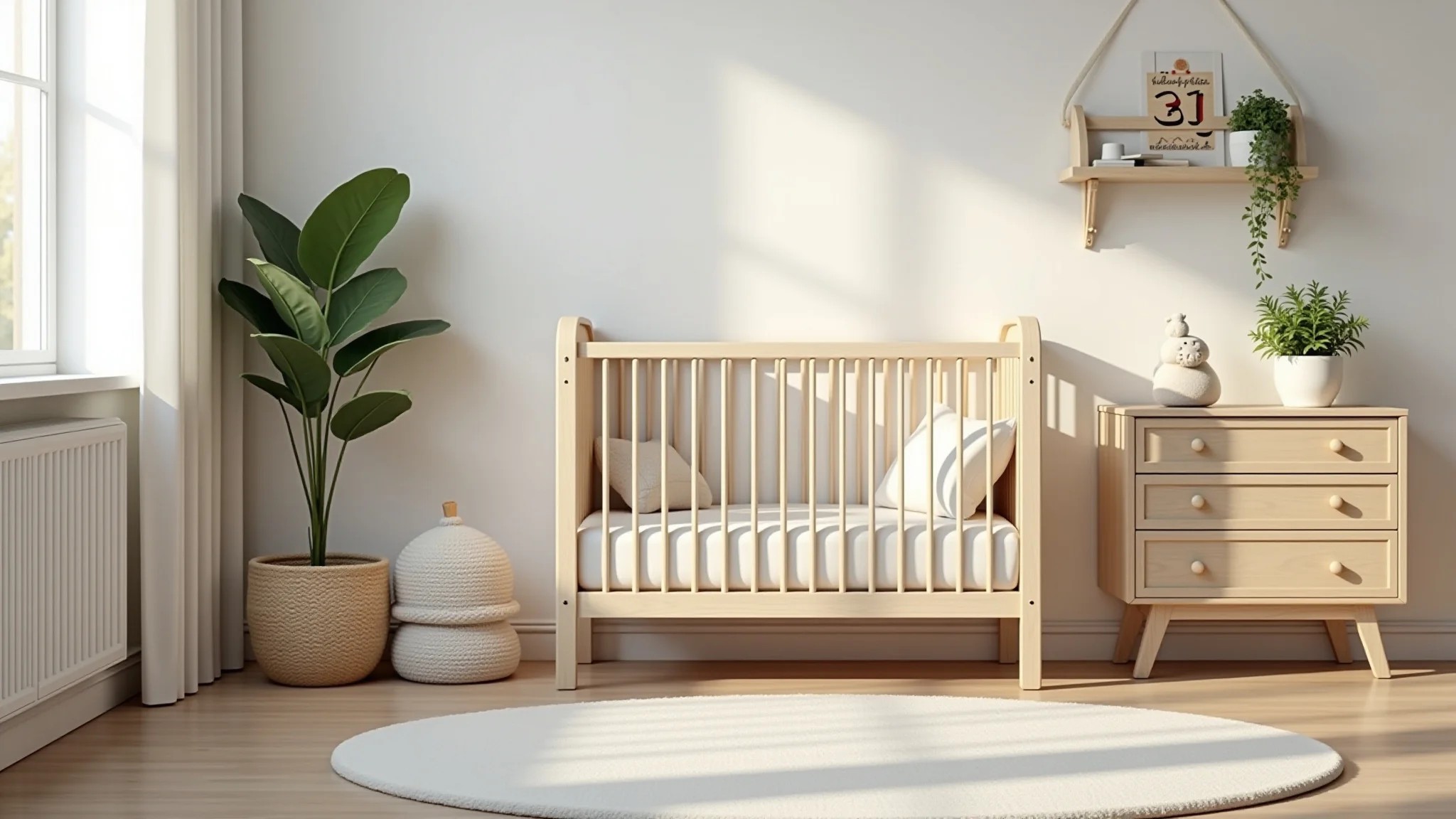 Quarto de bebê neutro com decoração de madeira e plantas.