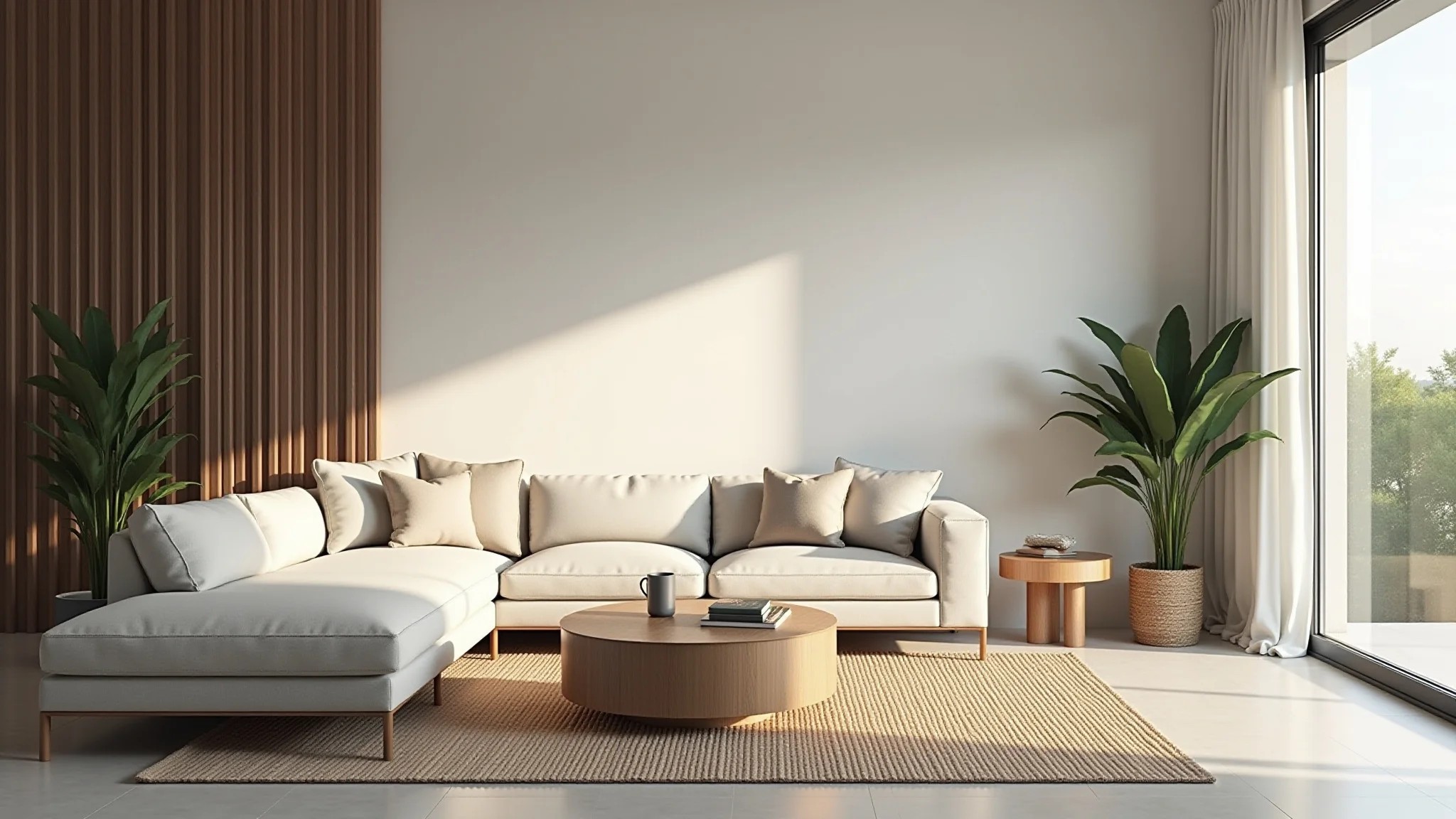 Sala de estar com paleta de cores neutras, design minimalista e iluminação natural.