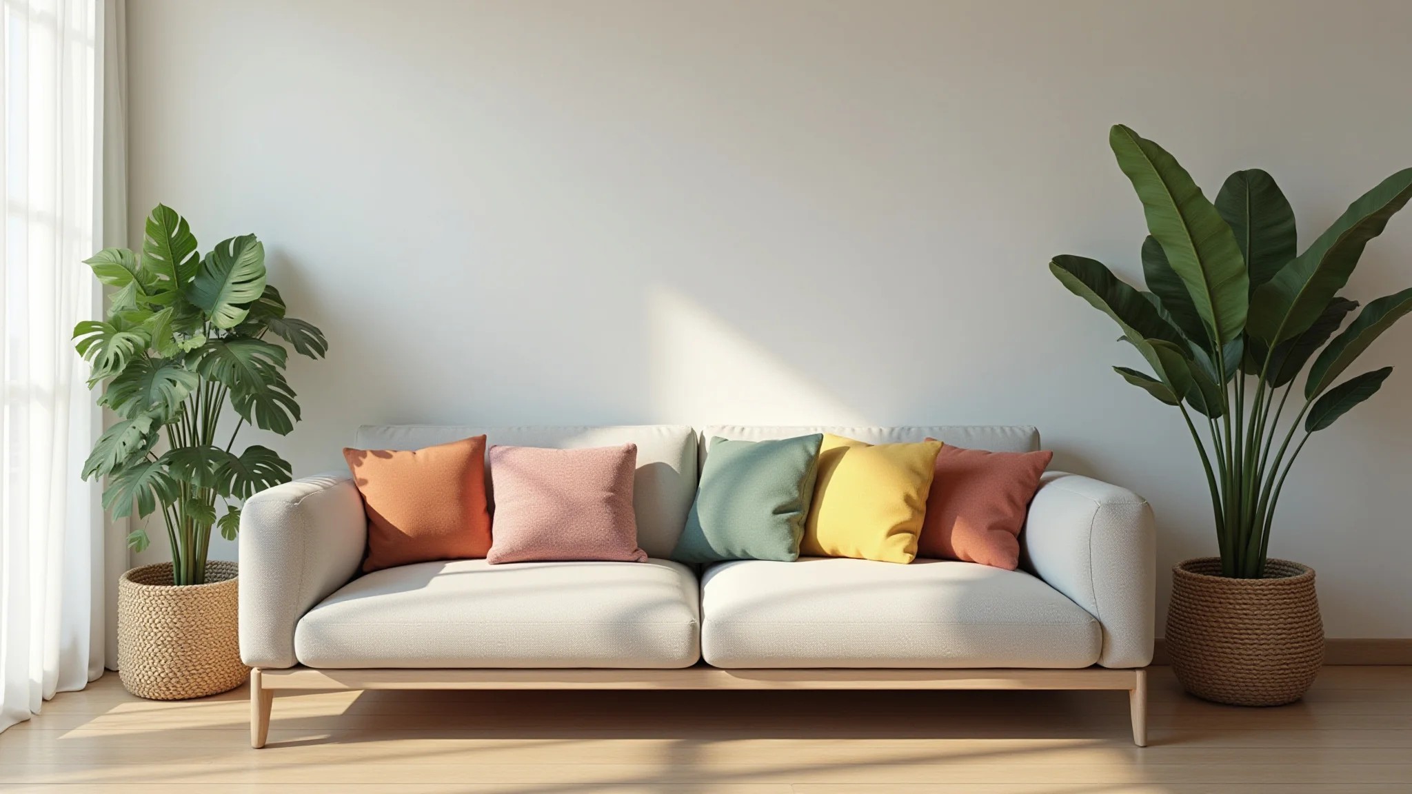 Sofá de cor neutra em sala de estar iluminada com almofadas coloridas.