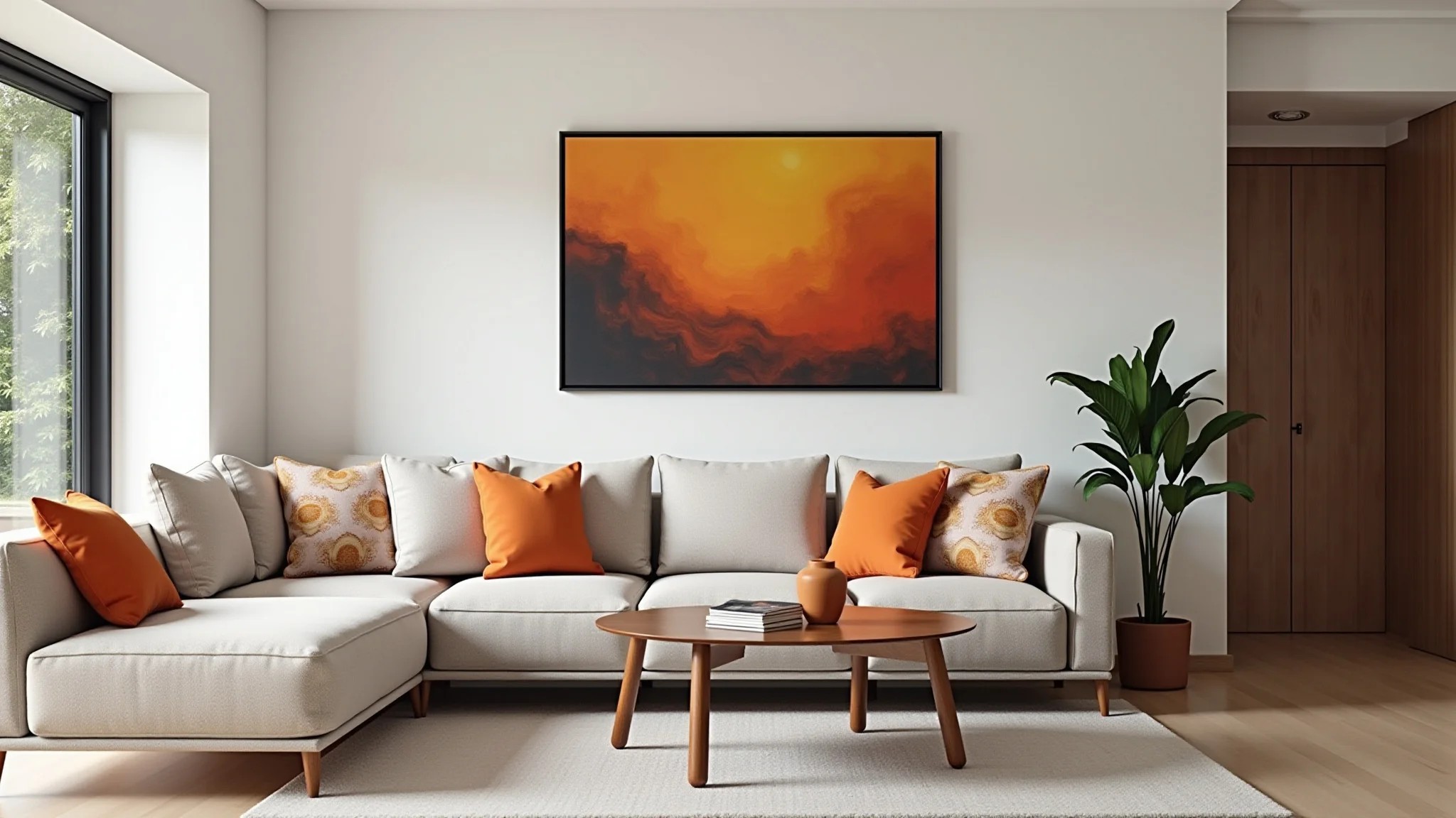 Sala de estar neutra com acessórios vibrantes, estilo brasileiro, equilibrada e ambiente clean e aconchegante.