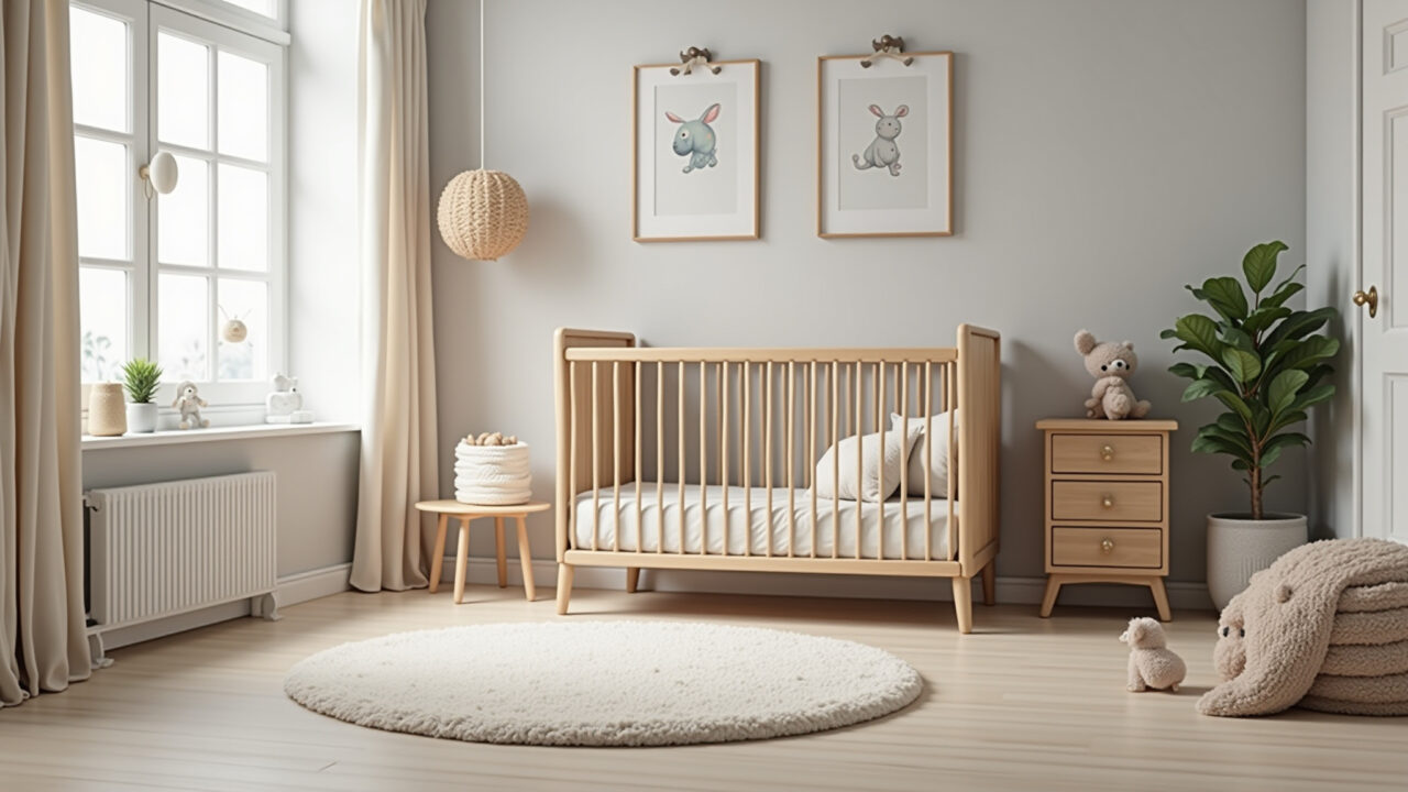 Quarto de bebê neutro com tapete macio e confortável.