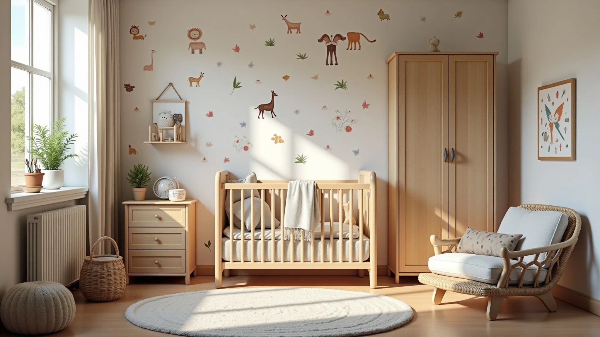 Quarto de bebê com papel de parede de animais e móveis de madeira.