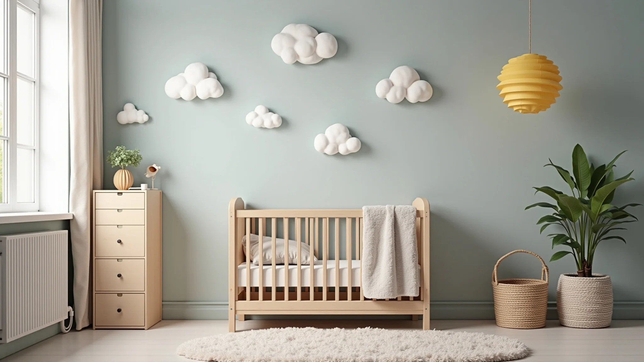 Quarto de bebê com papel de parede de nuvens e tapete aconchegante.