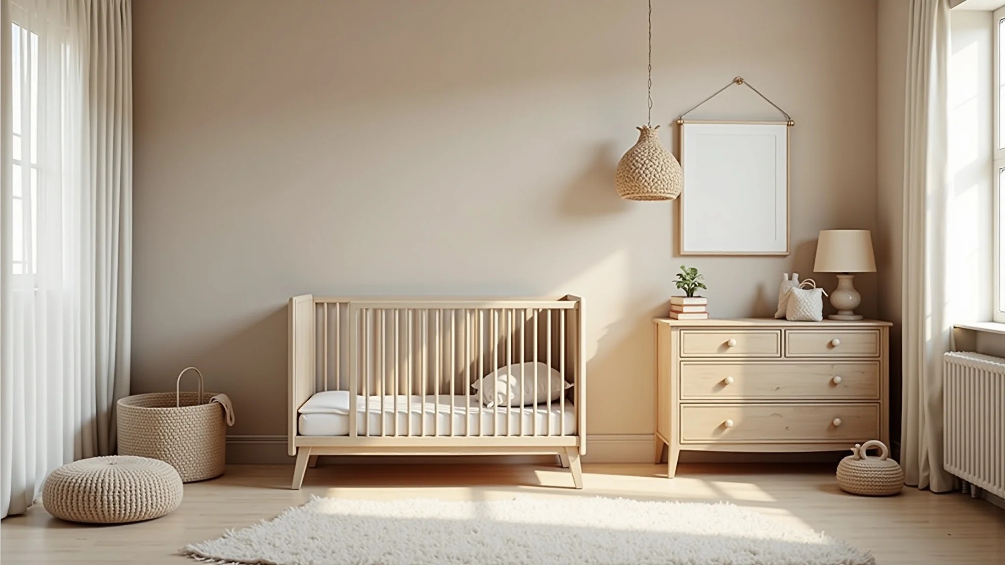 Quarto de bebê com tons neutros e decoração minimalista.