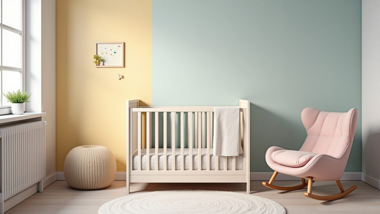 Quarto de bebê com paredes em tons pastel e texturas suaves.
