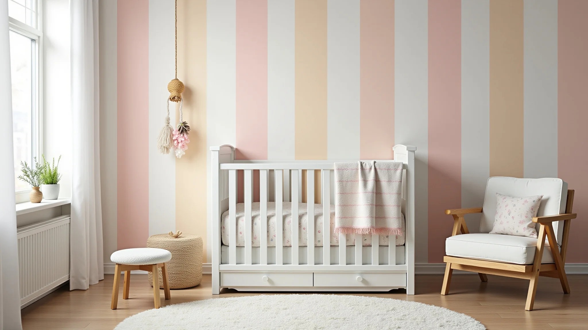 Quarto de bebê com papel de parede listrado em tons pastel e poltrona confortável.