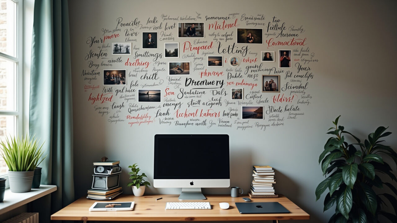 Mesa de escritório com mural de ideias inspirador.