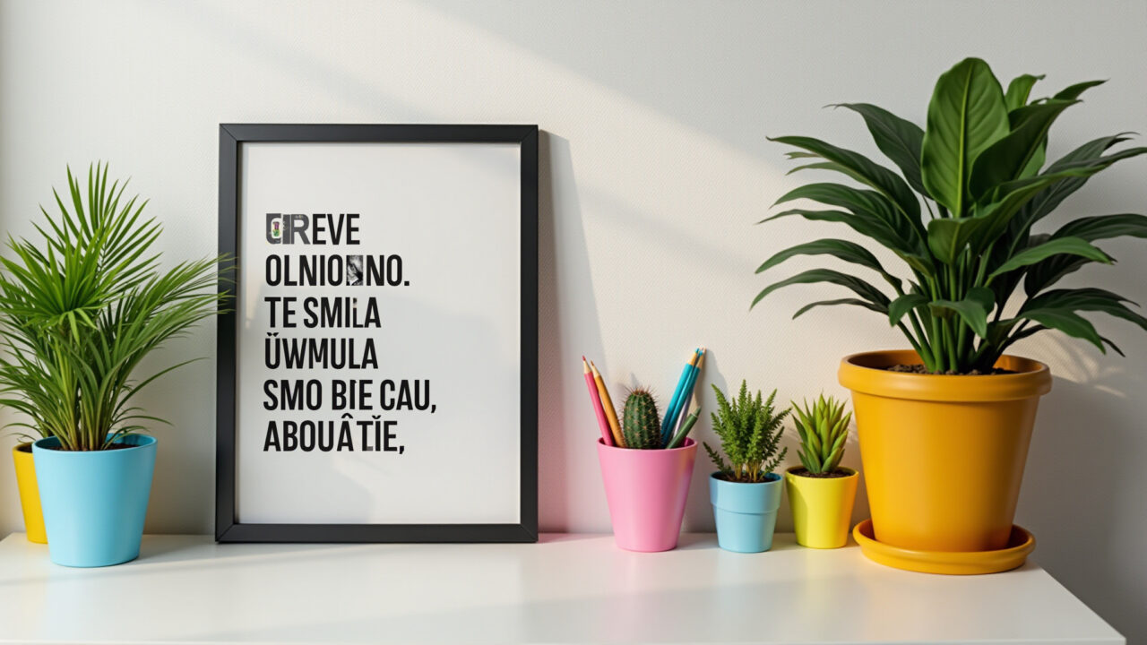 Mesa de escritório com plantas, organizadores coloridos e quadro motivacional.