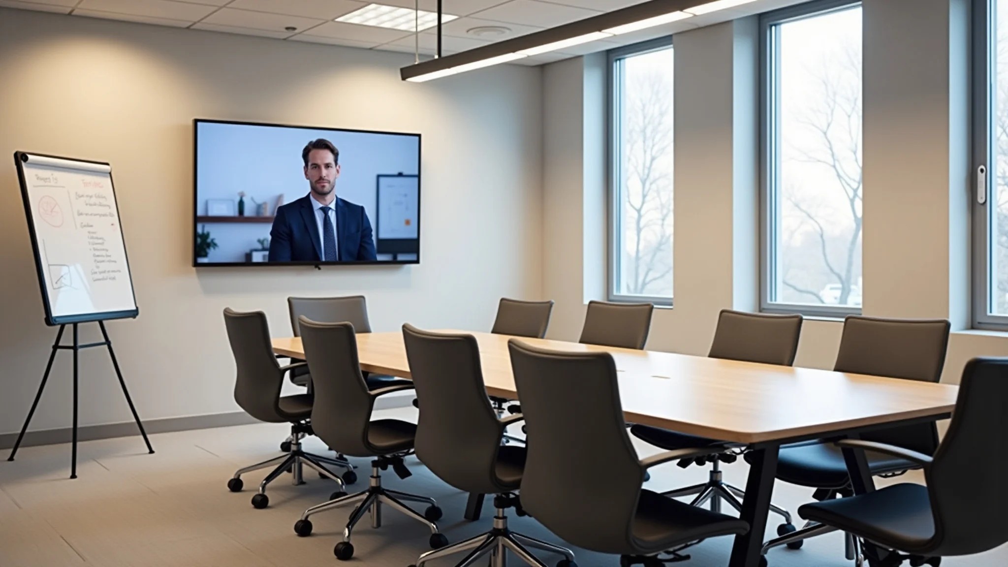 Sala de reunião com videoconferência e iluminação natural.