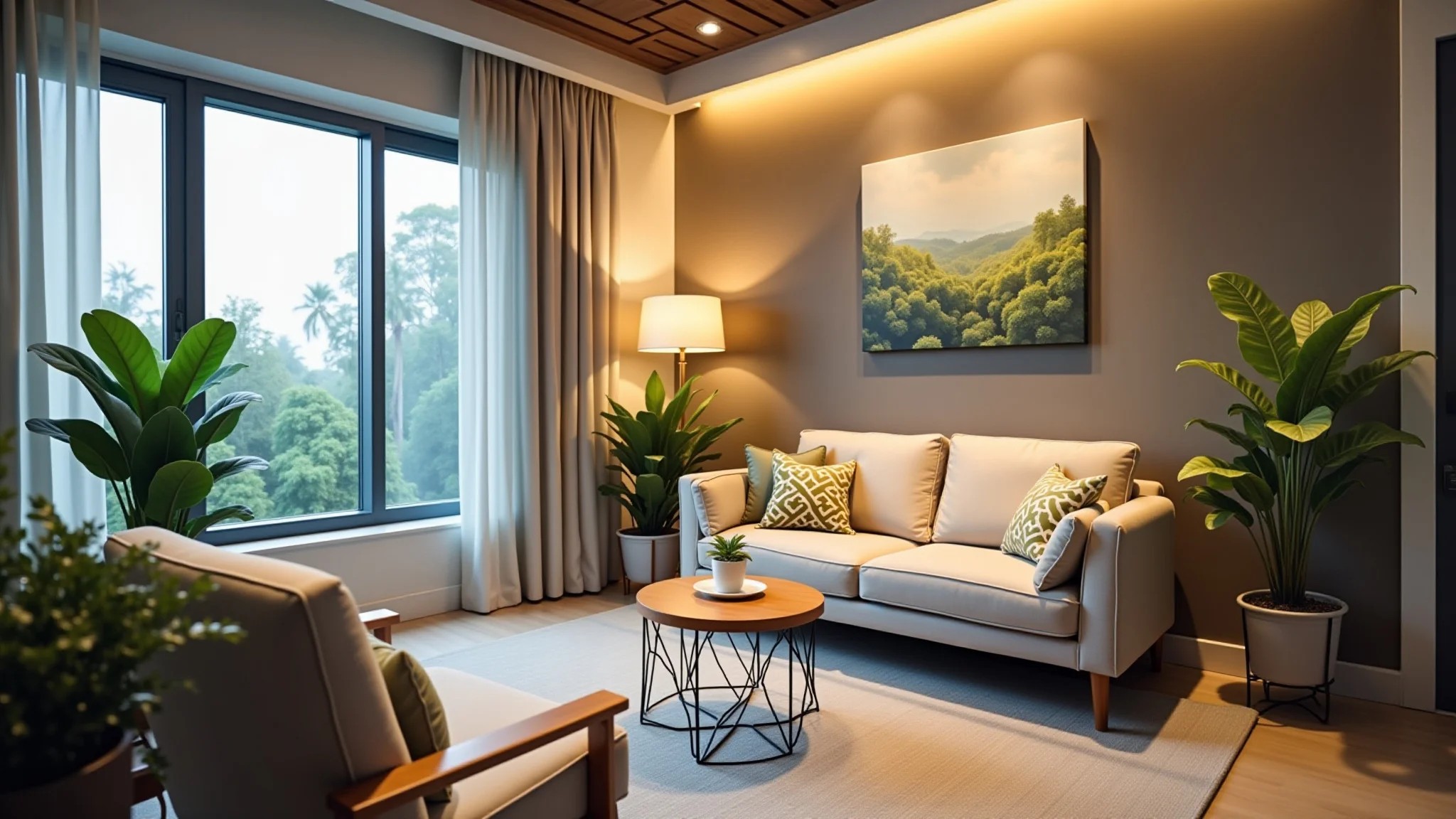 Zona de relaxamento no escritório com plantas e iluminação suave.