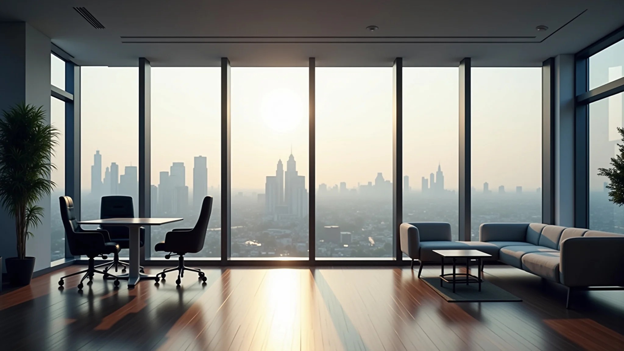 Escritório com vista panorâmica da cidade e design moderno.