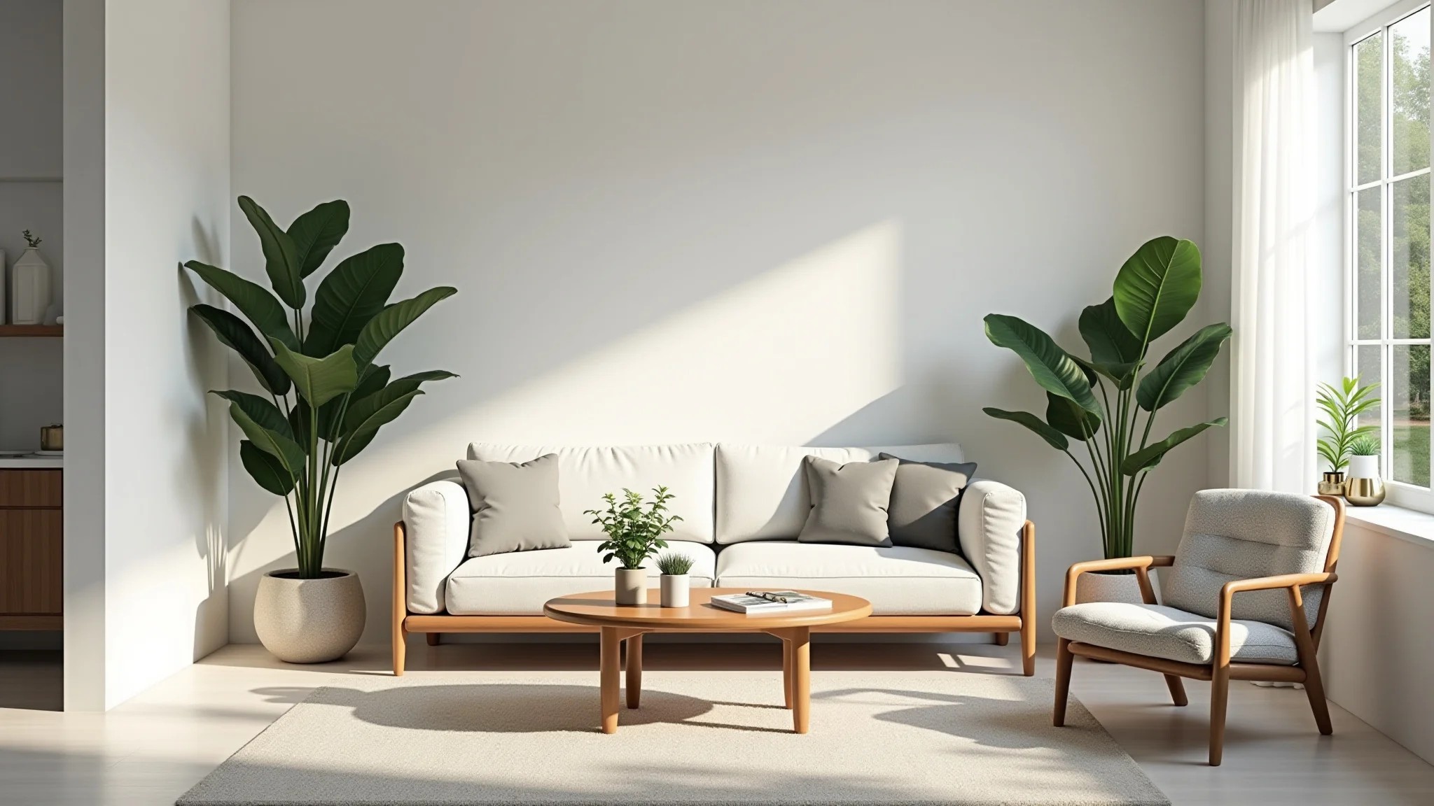 Sala off-white com plantas, decoração neutra e iluminação vibrante.