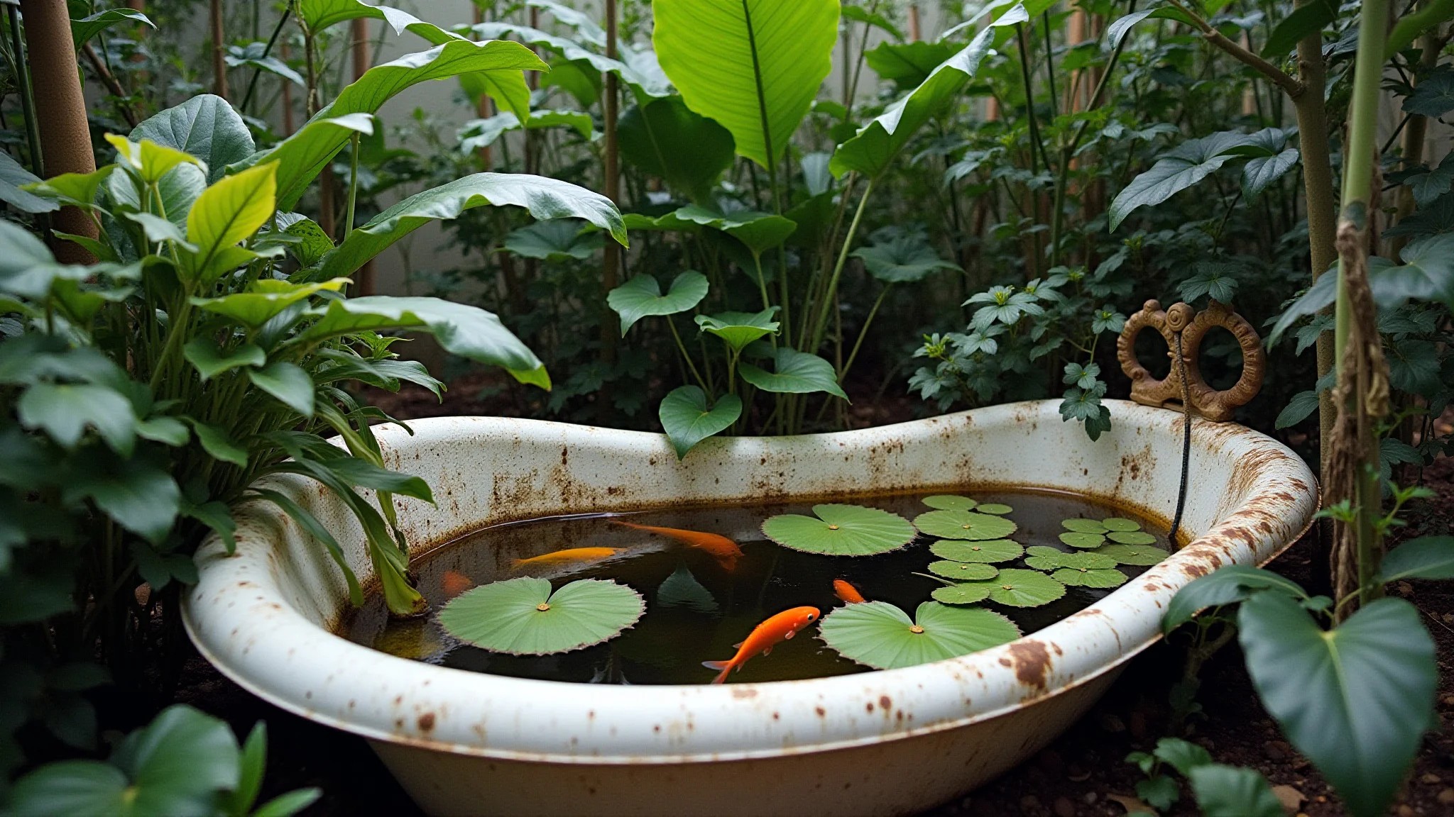 Banheira antiga reaproveitada como um lago com plantas aquáticas e peixes em um jardim brasileiro.