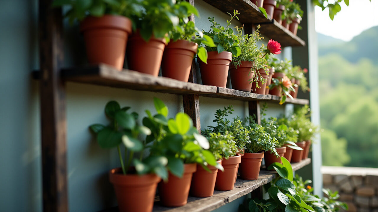 Escada antiga usada como suporte para horta vertical com plantas e flores.