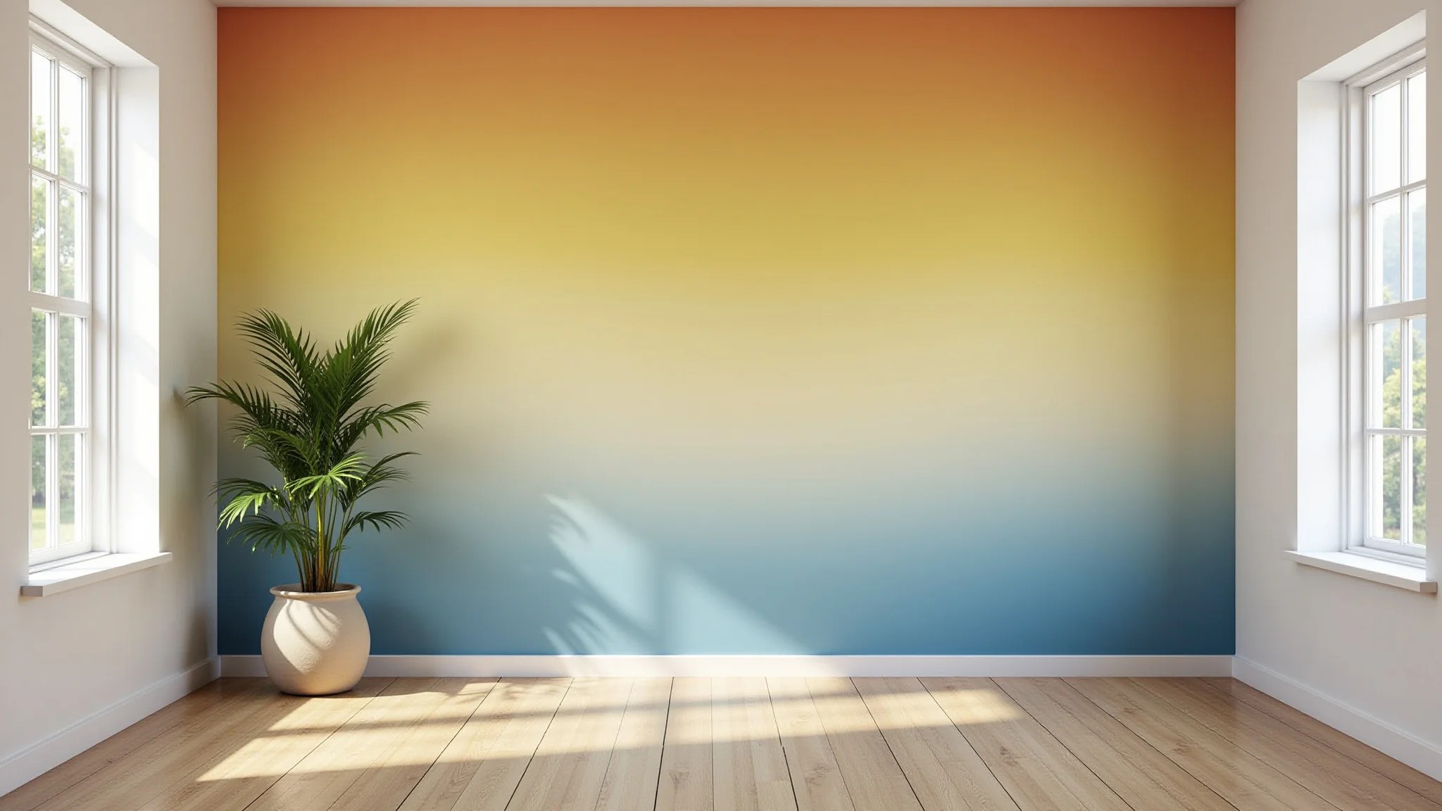 Parede com efeito degradê em sala iluminada, cores suaves, estilo brasileiro.