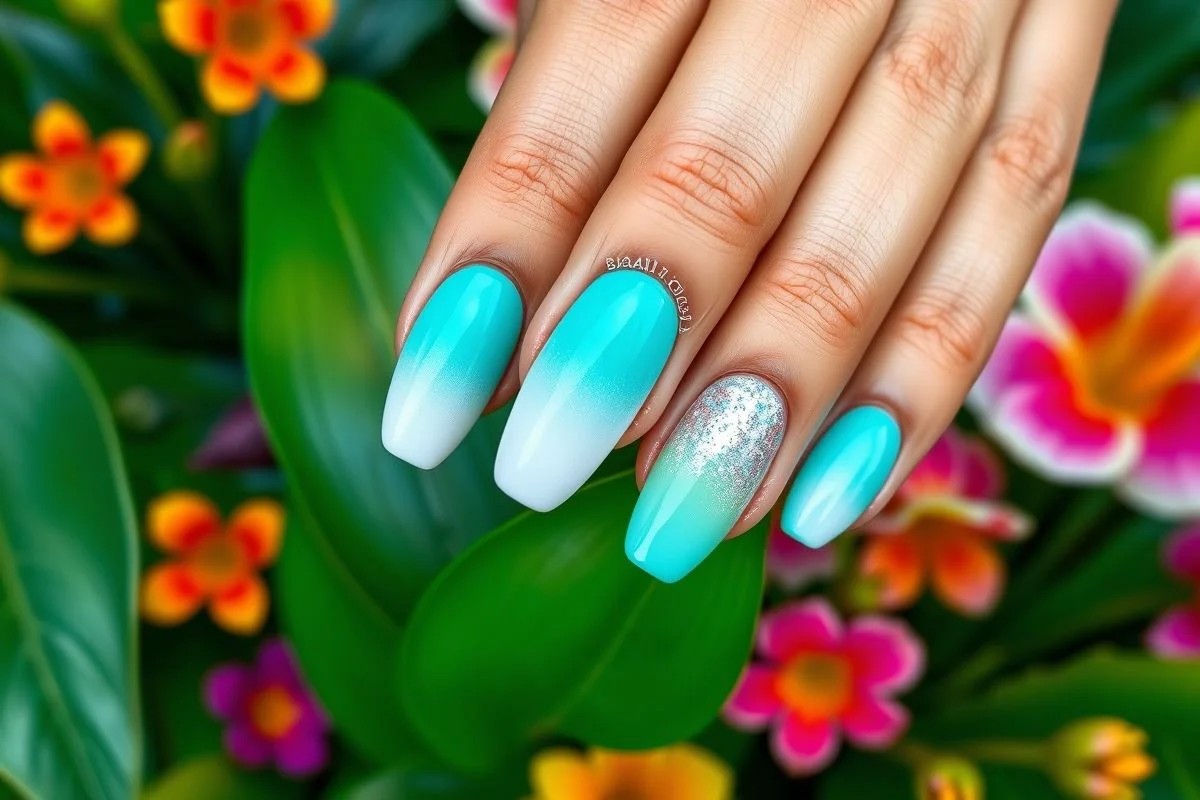 Unhas ombré azul turquesa e branco em mãos de brasileira. Degradê moderno, alta resolução.
