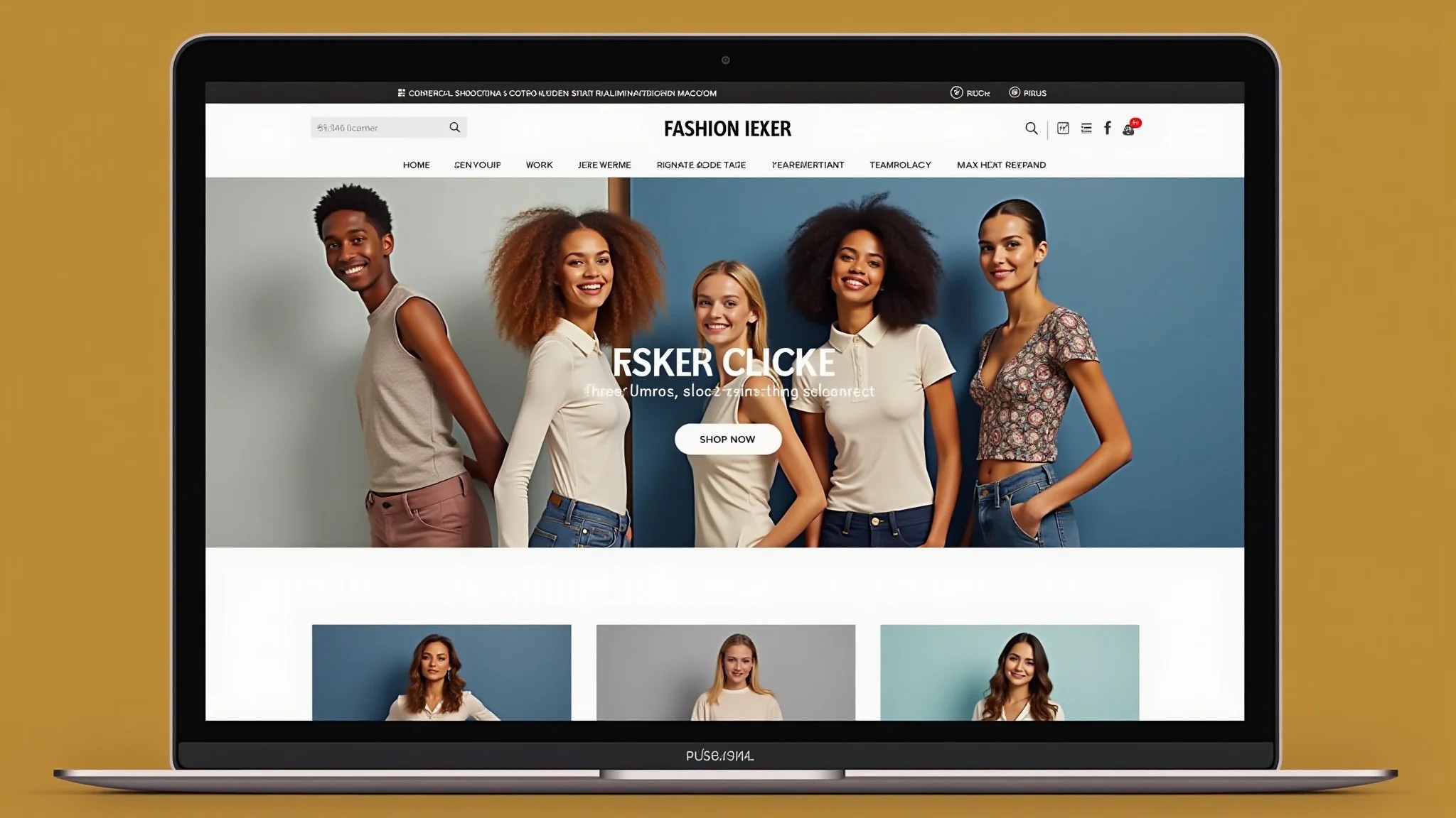 Interface de bazar de moda online, modelos diversas mostrando roupas acessíveis.