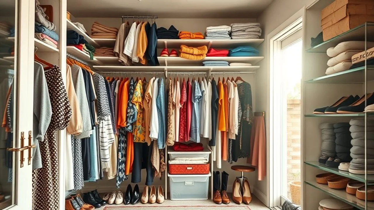 Guarda-roupa aberto, organizado e iluminado, com roupas, sapatos e acessórios. Organização para uma vida mais tranquila.