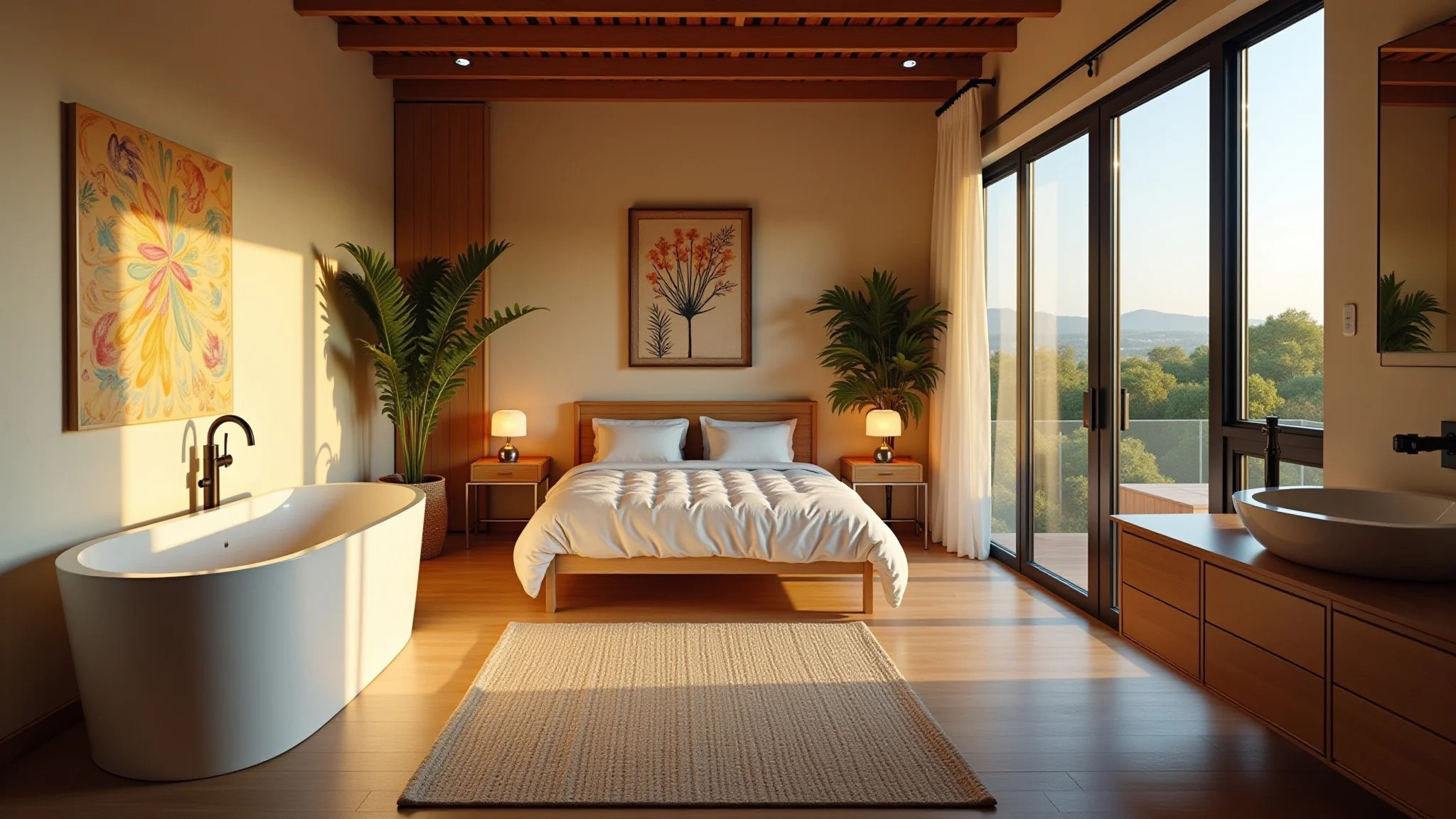 Banheiro e quarto integrados com banheira, luz suave e decoração brasileira vibrante.