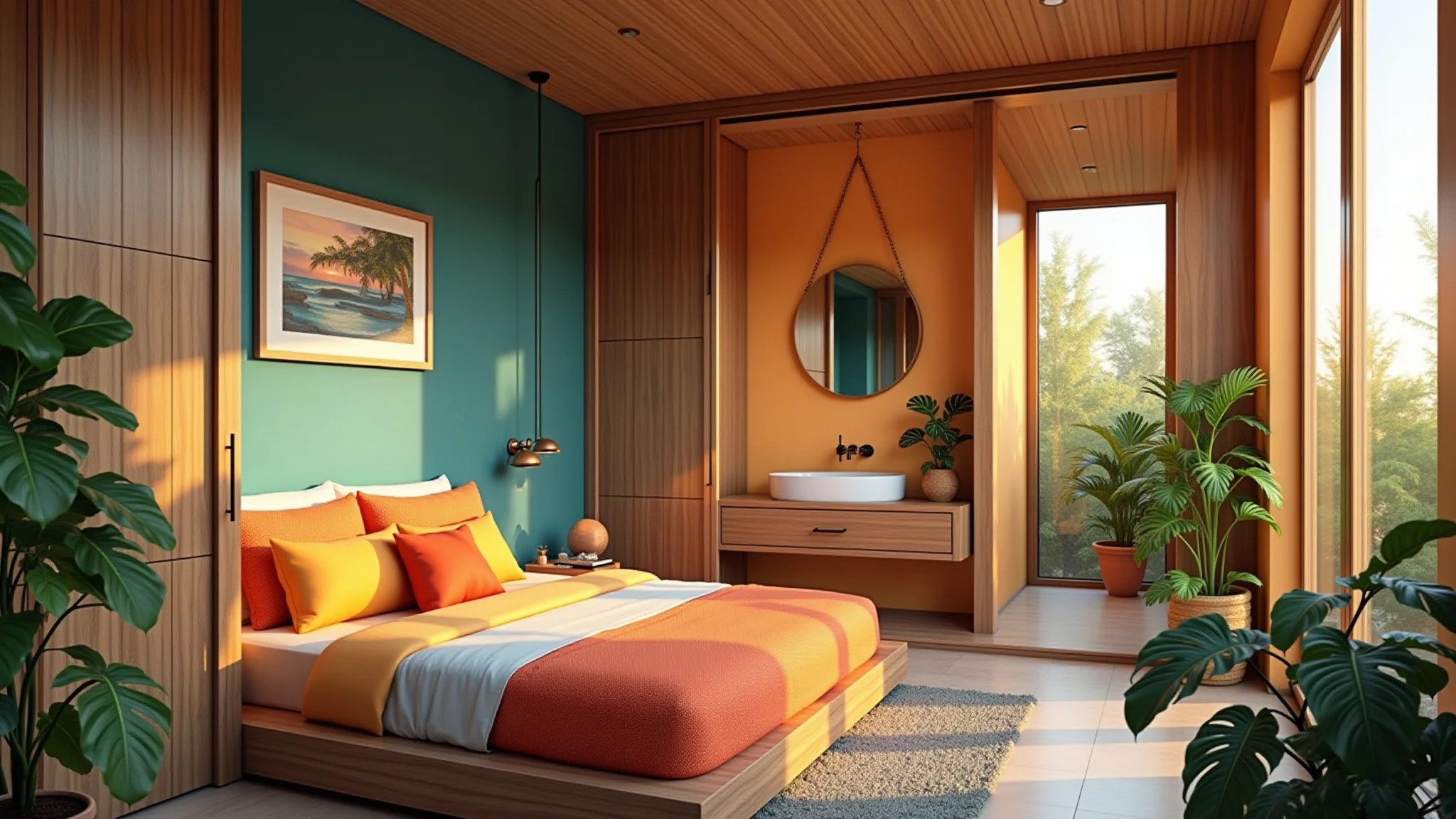 Quarto e banheiro integrados com divisória de vidro, cores vibrantes e plantas tropicais.