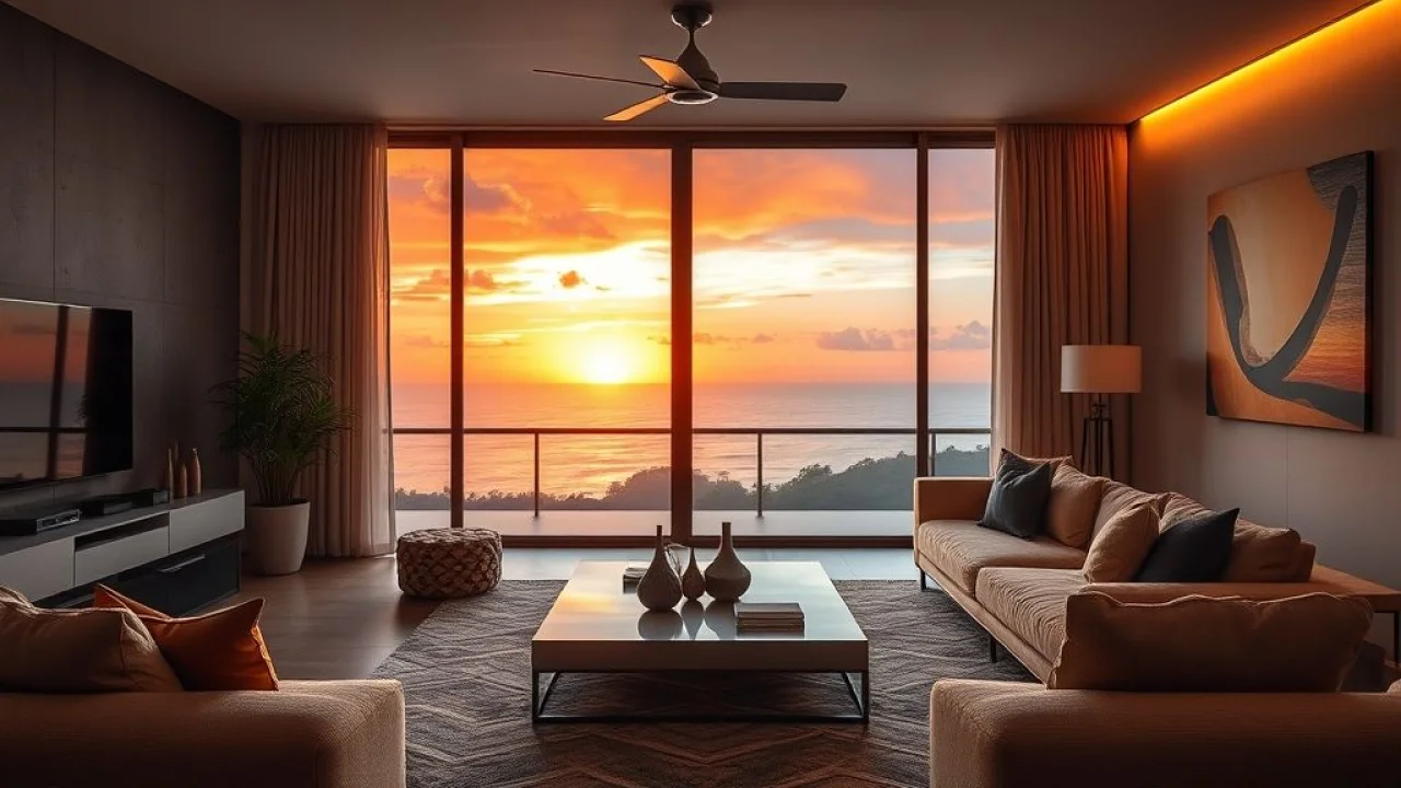 Sala de estar brasileira com cortinas automatizadas e vista para o pôr do sol.