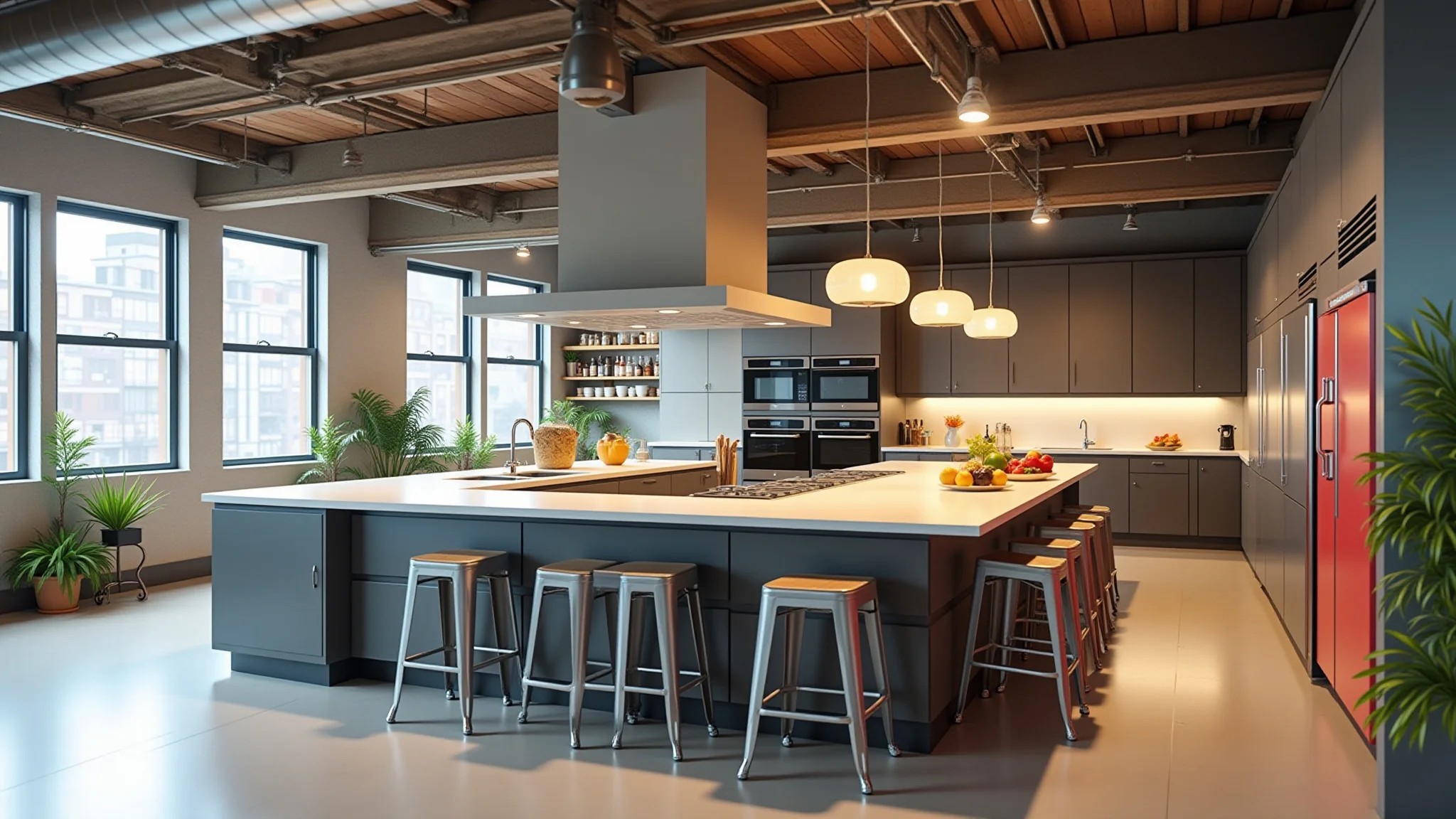 Cozinha industrial de conceito aberto com ilha grande, banquetas de metal e decoração colorida.