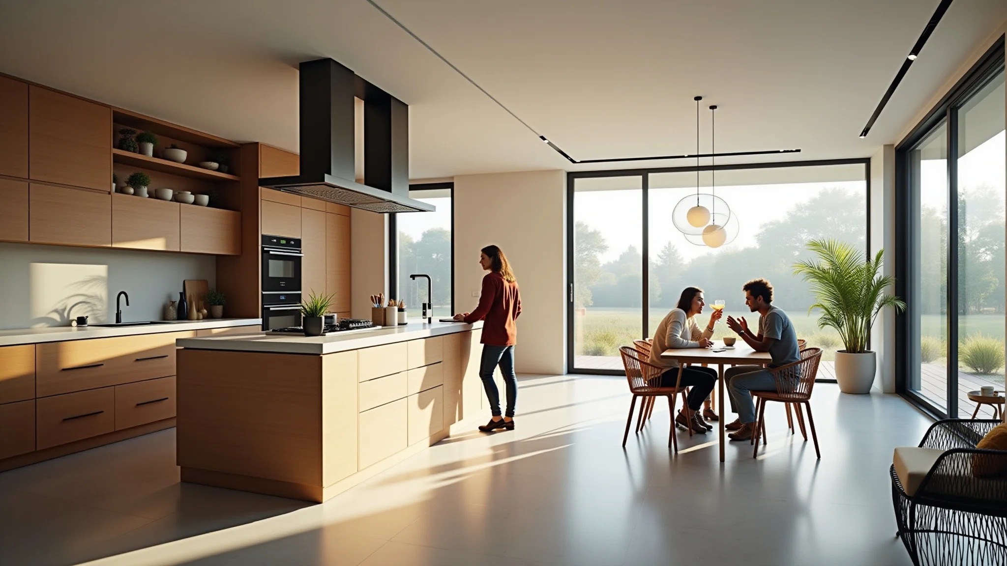 Cozinha integrada à área de lazer com amigos reunidos, design brasileiro e iluminação natural.