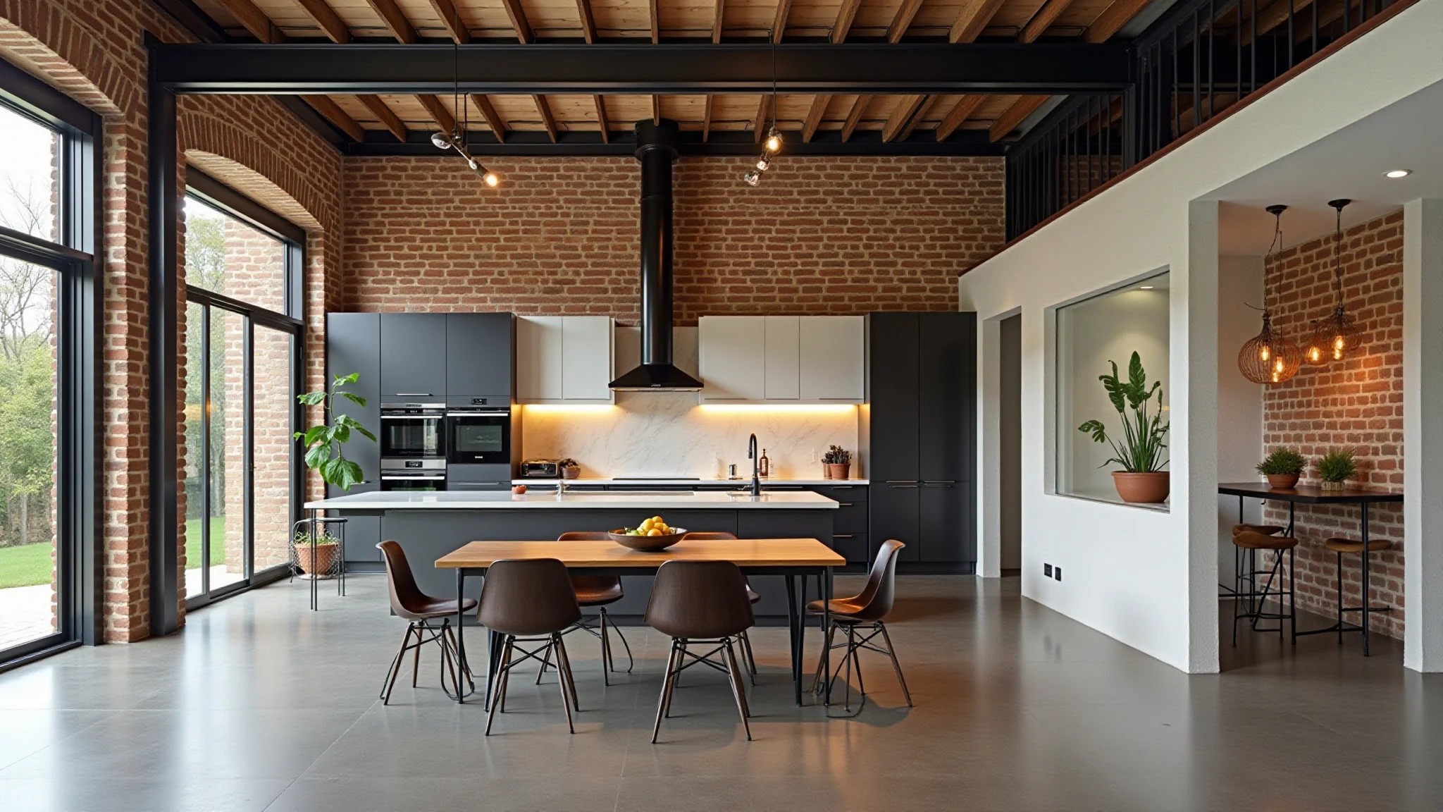 Cozinha e sala integradas em estilo industrial, tijolos aparentes e detalhes em metal.