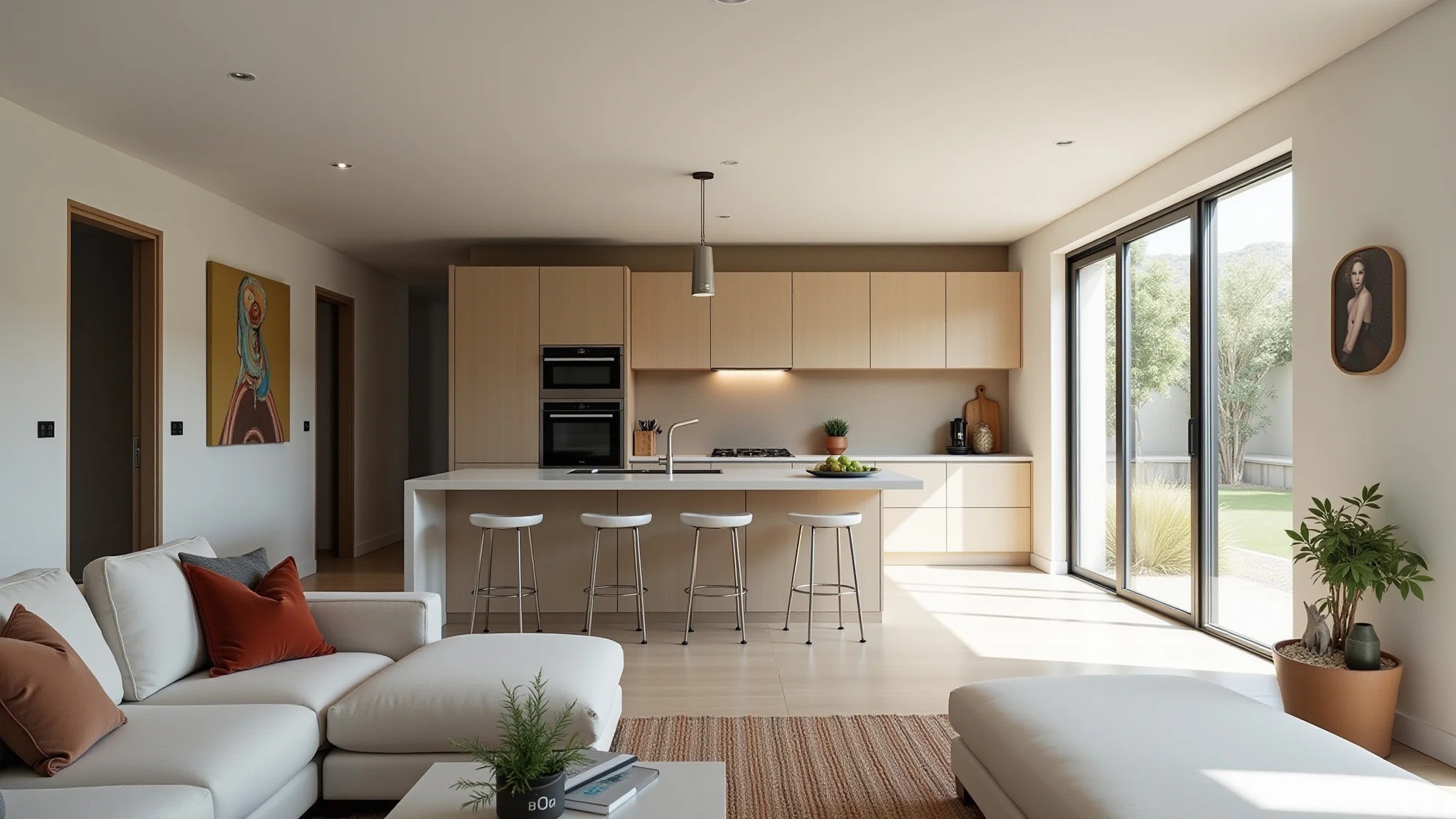 Cozinha e sala integradas, design minimalista e arte brasileira.
