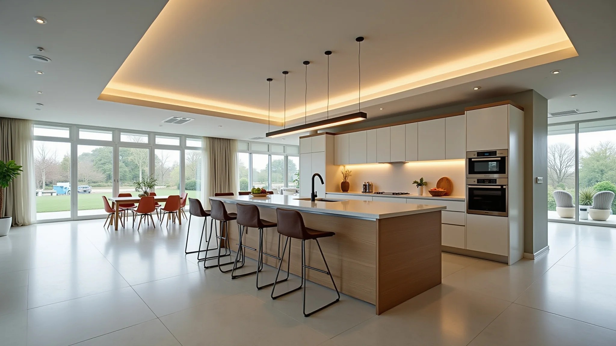 Cozinha americana com teto de drywall e design moderno.