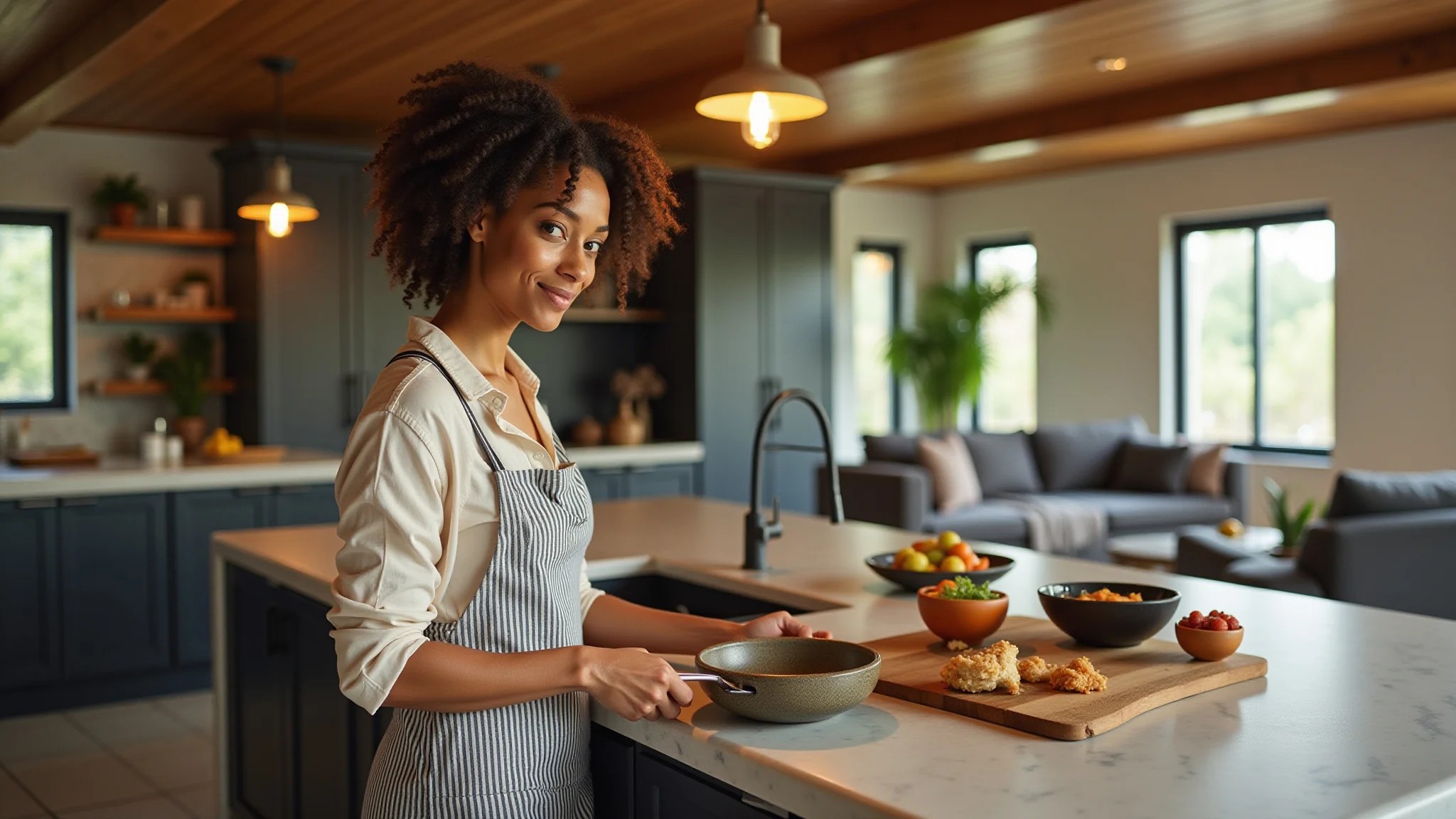 Cozinha integrada com ilha, design brasileiro e mulher cozinhando.