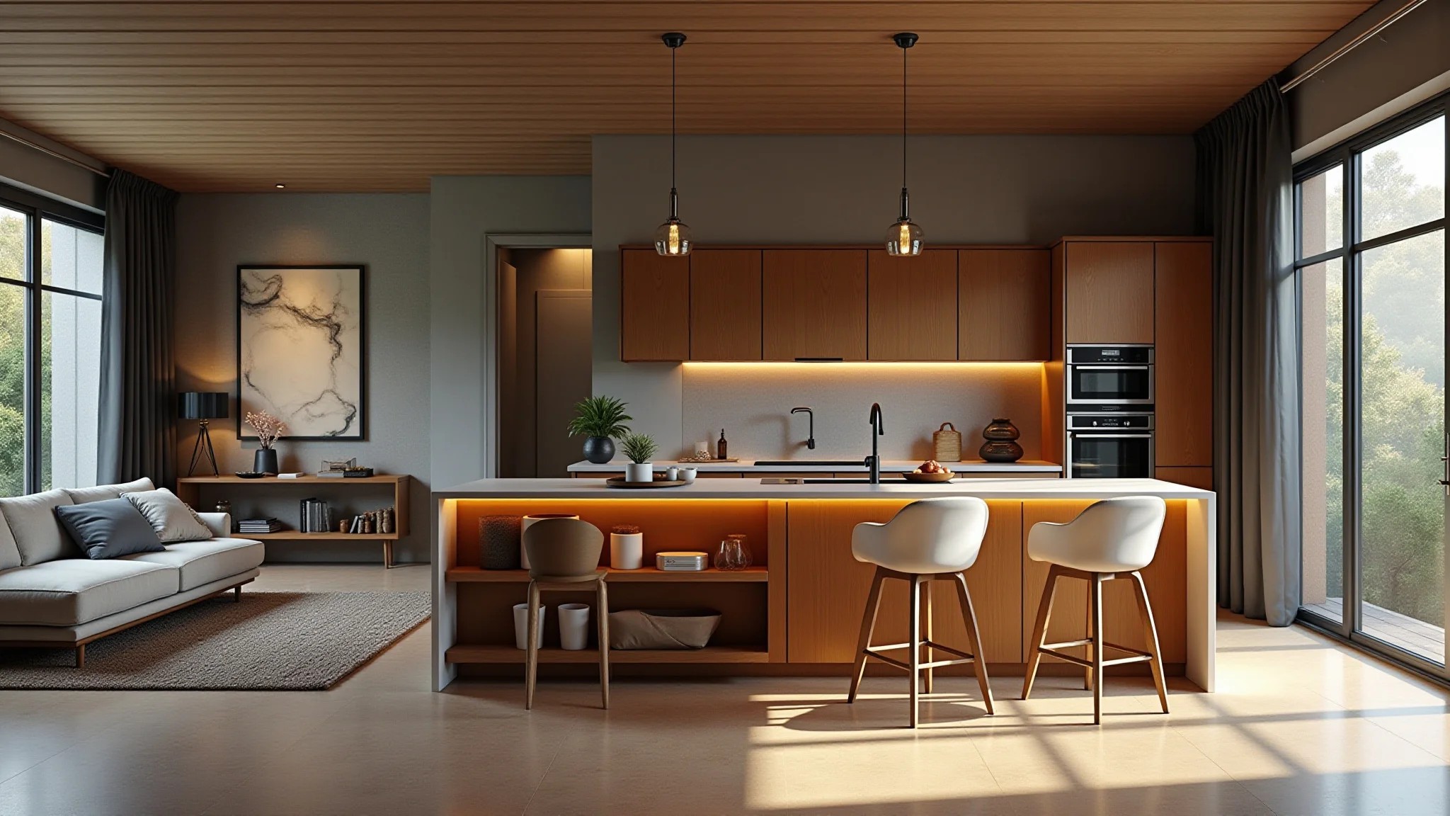 Cozinha americana com iluminação LED integrada à sala, decoração brasileira, luz natural.