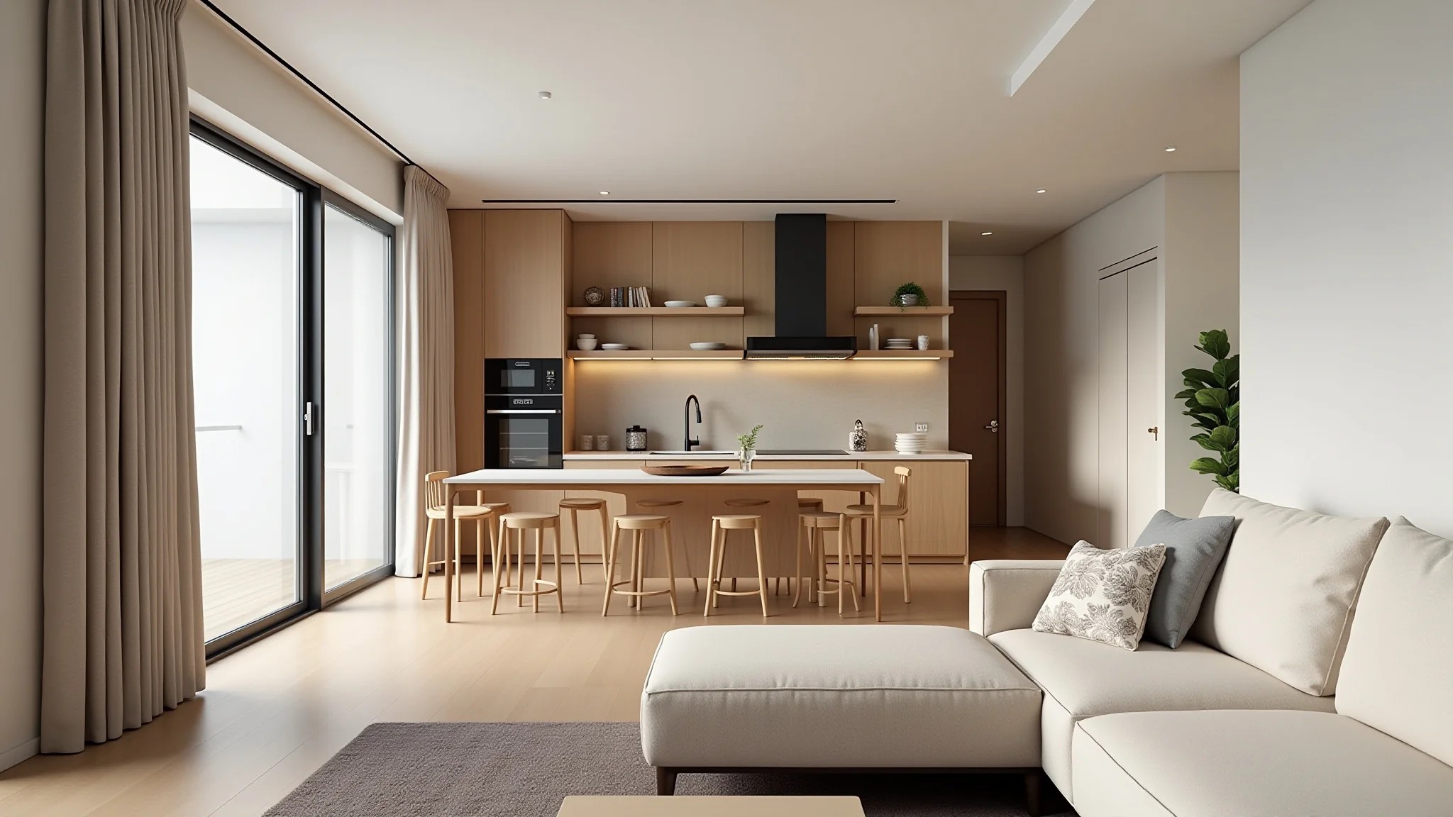 Cozinha integrada com sala em estilo minimalista, detalhes em madeira e iluminação clara.