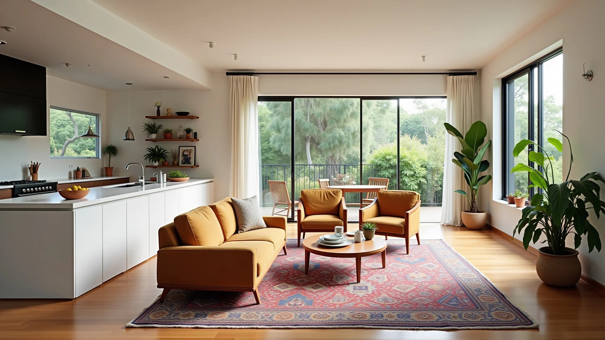 Sala com cozinha americana, móveis funcionais, plantas e tapete vibrante em estilo brasileiro.